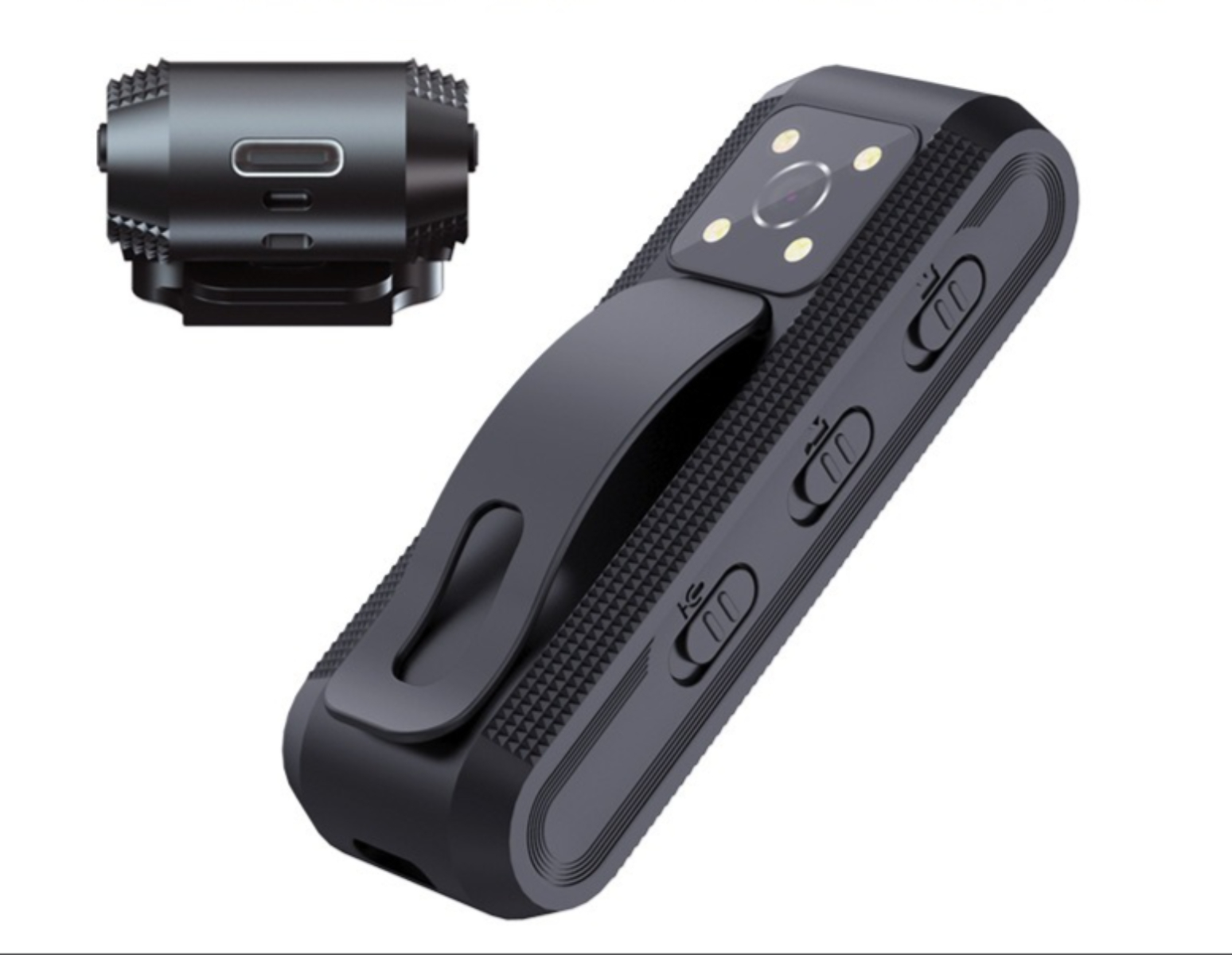 Schwarze Mini-Kamera mit Clip. Ein kleineres, separates Teil ist ebenfalls sichtbar.