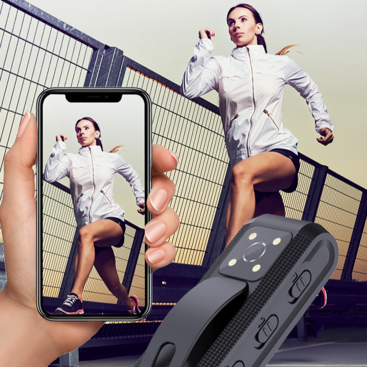 Person hält Telefon mit laufender Frau. Kamera und Handyhülle sind im Bild.
