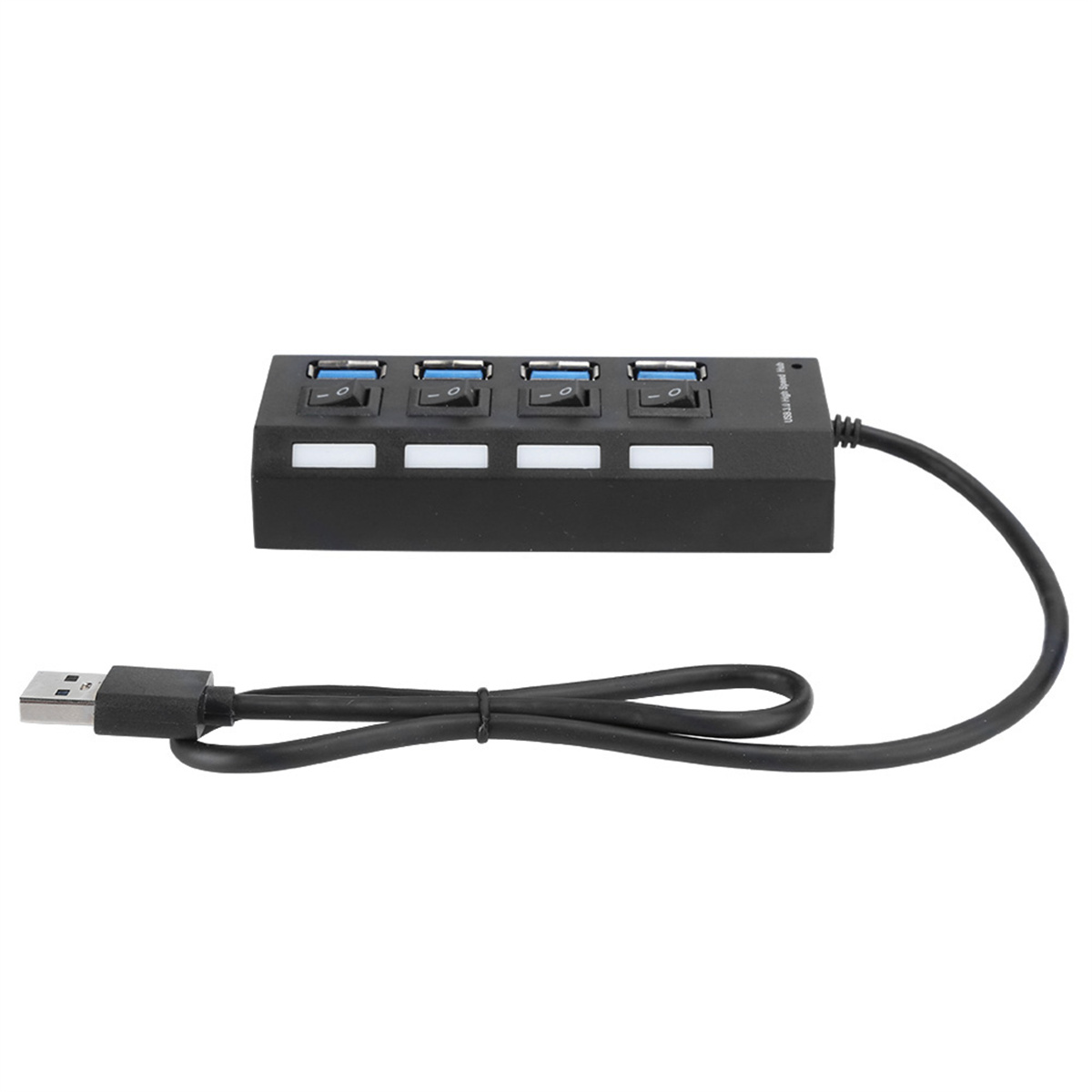 Ein schwarzer USB-Hub mit vier USB-Anschlüssen und Schaltern, mit USB-Kabel.