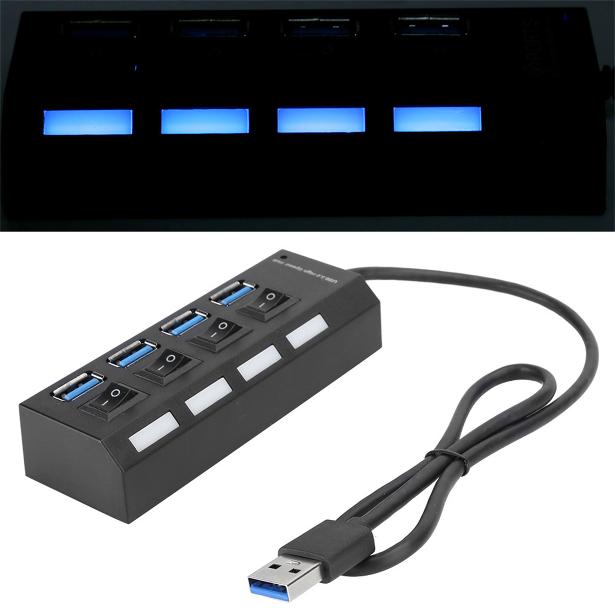 Schwarzer USB-Hub mit blau beleuchteten Schaltern, USB-Anschlüssen und einem USB-Kabel.