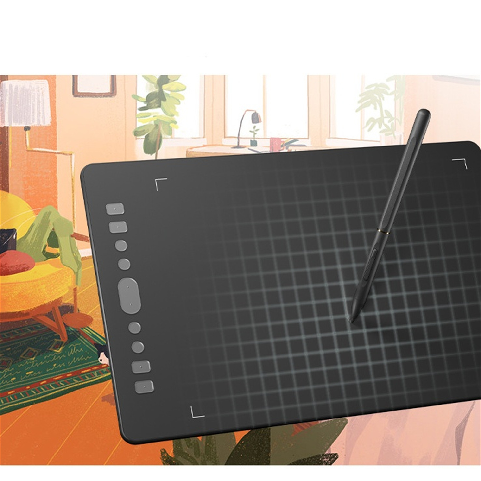 Schwarzes Grafiktablett mit Stift, auf Hintergrund mit Person und Raum.