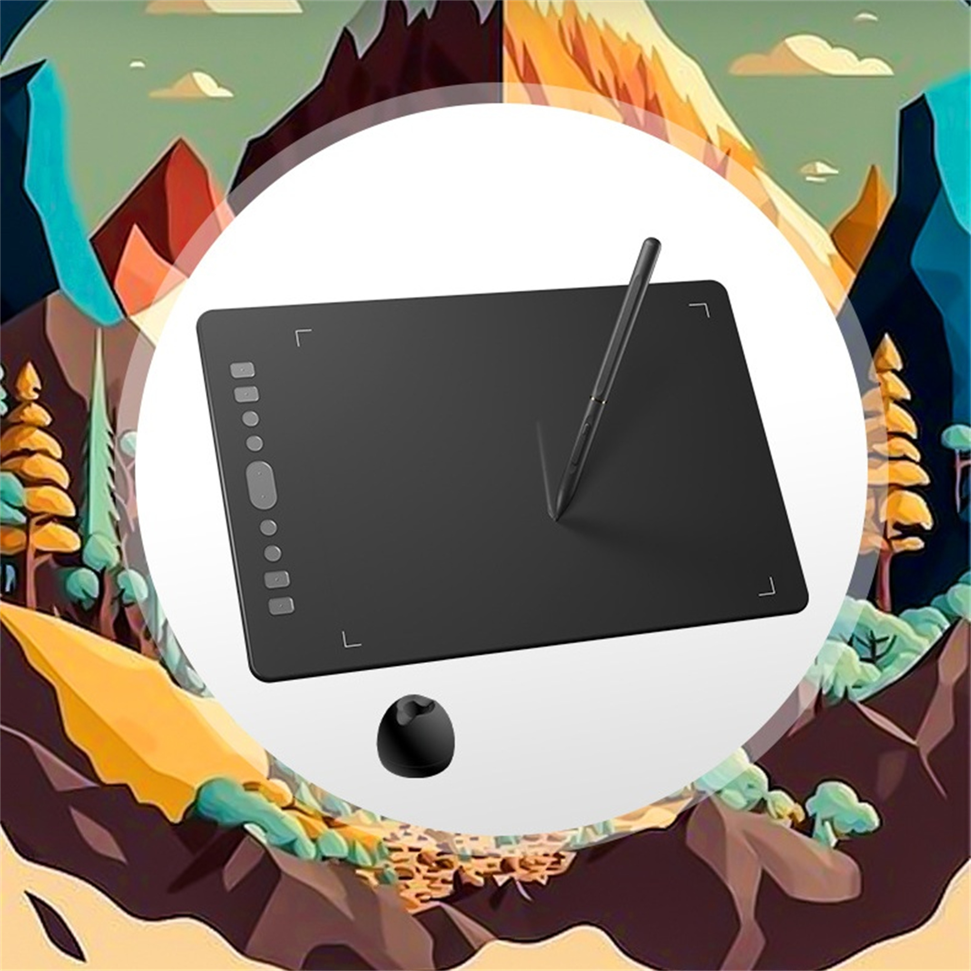 Schwarzes Zeichentablett und Stift. Stift auf dem Tablet. Berge und Himmel im Hintergrund.
