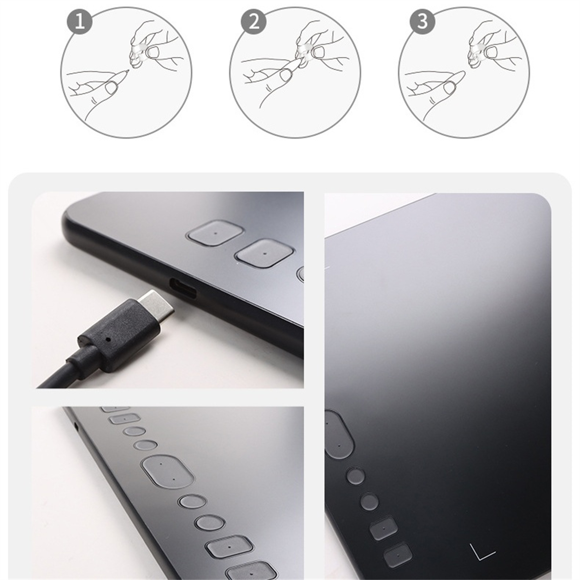 Diagramm, das Schritte zum Anschließen eines USB-Kabels an ein Gerät zeigt. Schwarzes Tablet mit Tasten.