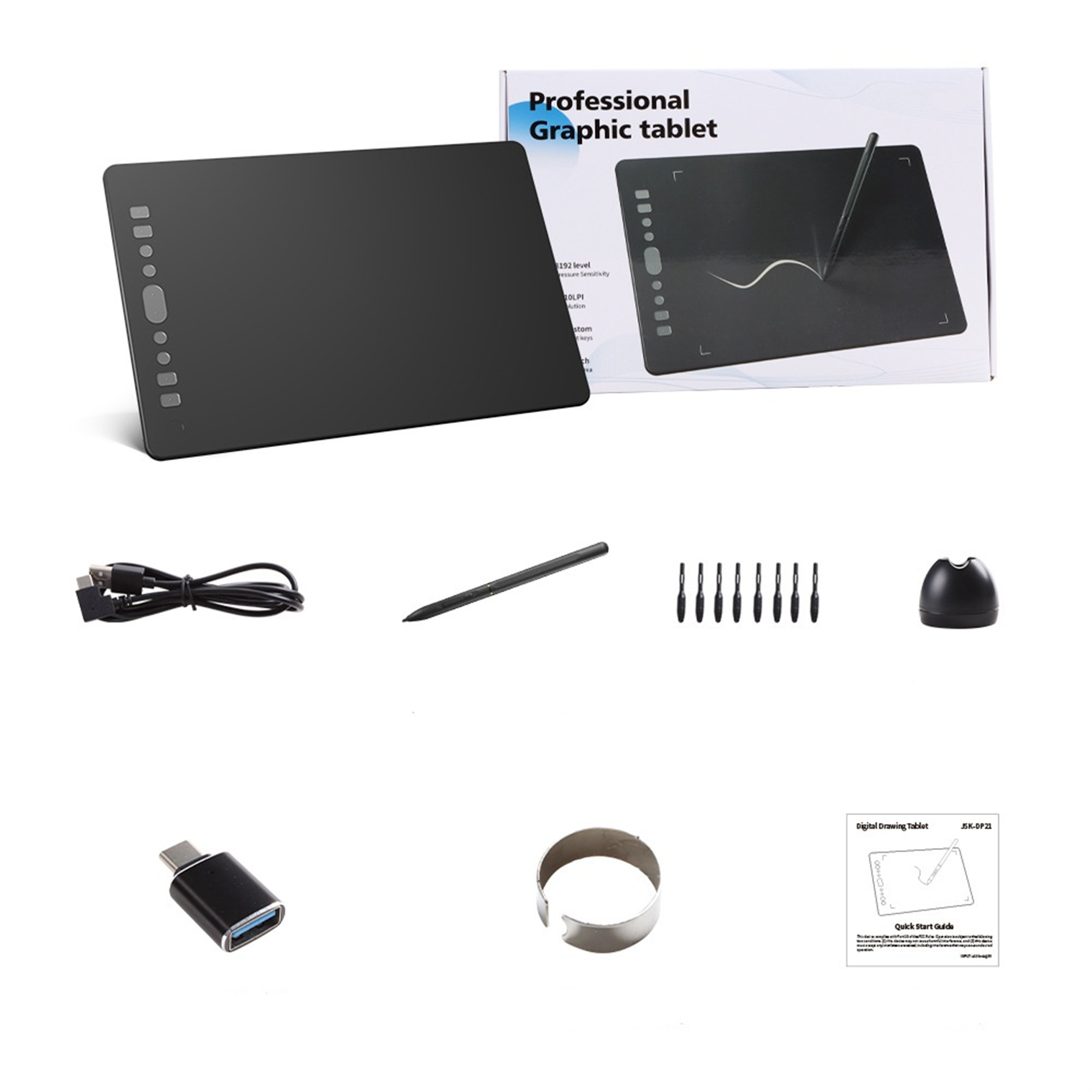 Schwarzes Grafiktablett mit Zubehör, darunter Stift, Kabel und Ständer, auf weißer Oberfläche.
