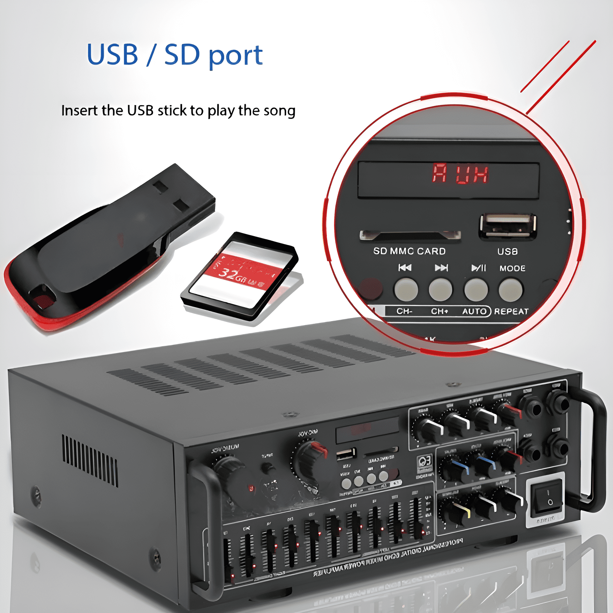 Schwarzes elektronisches Gerät mit USB/SD-Anschlüssen, USB-Stick und SD-Karte sichtbar.