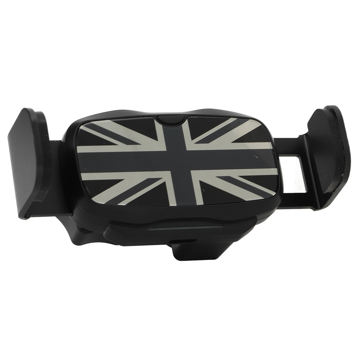 Schwarzer Autotelefonhalter mit der Flagge des Union Jack. Weißer Hintergrund.
