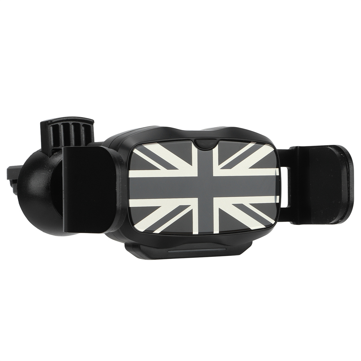 Schwarze Autotelefonhalterung mit Union Jack-Design auf der Vorderseite.