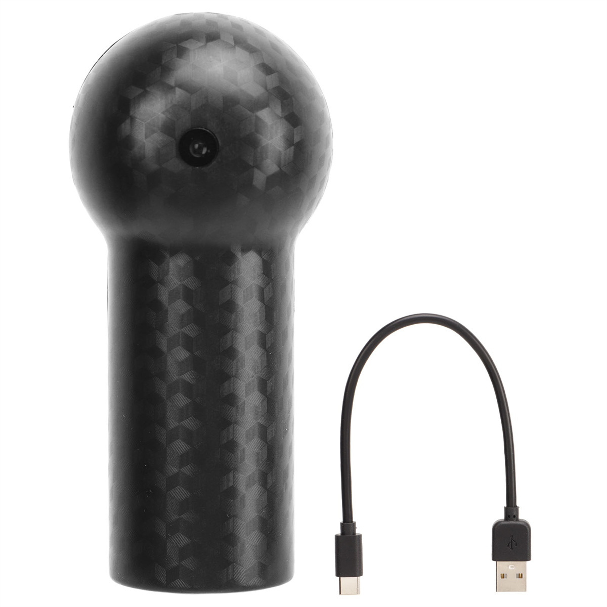 Schwarzes Gerät mit rundem Oberteil und USB-Kabel.