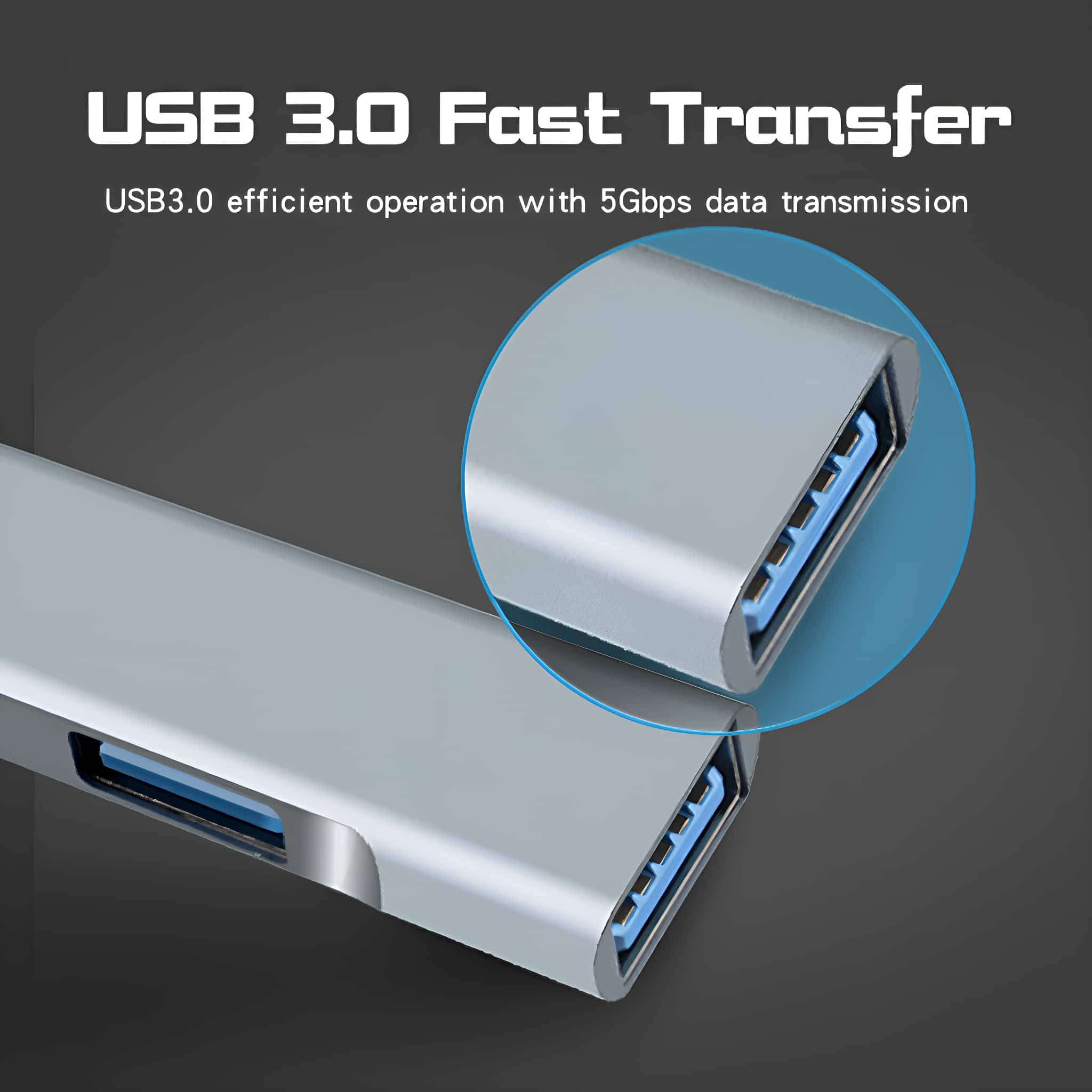 Nahaufnahme eines silbernen USB-Hubs mit blauen USB-Anschlüssen. Der Text lautet USB 3.0 Fast Transfer.