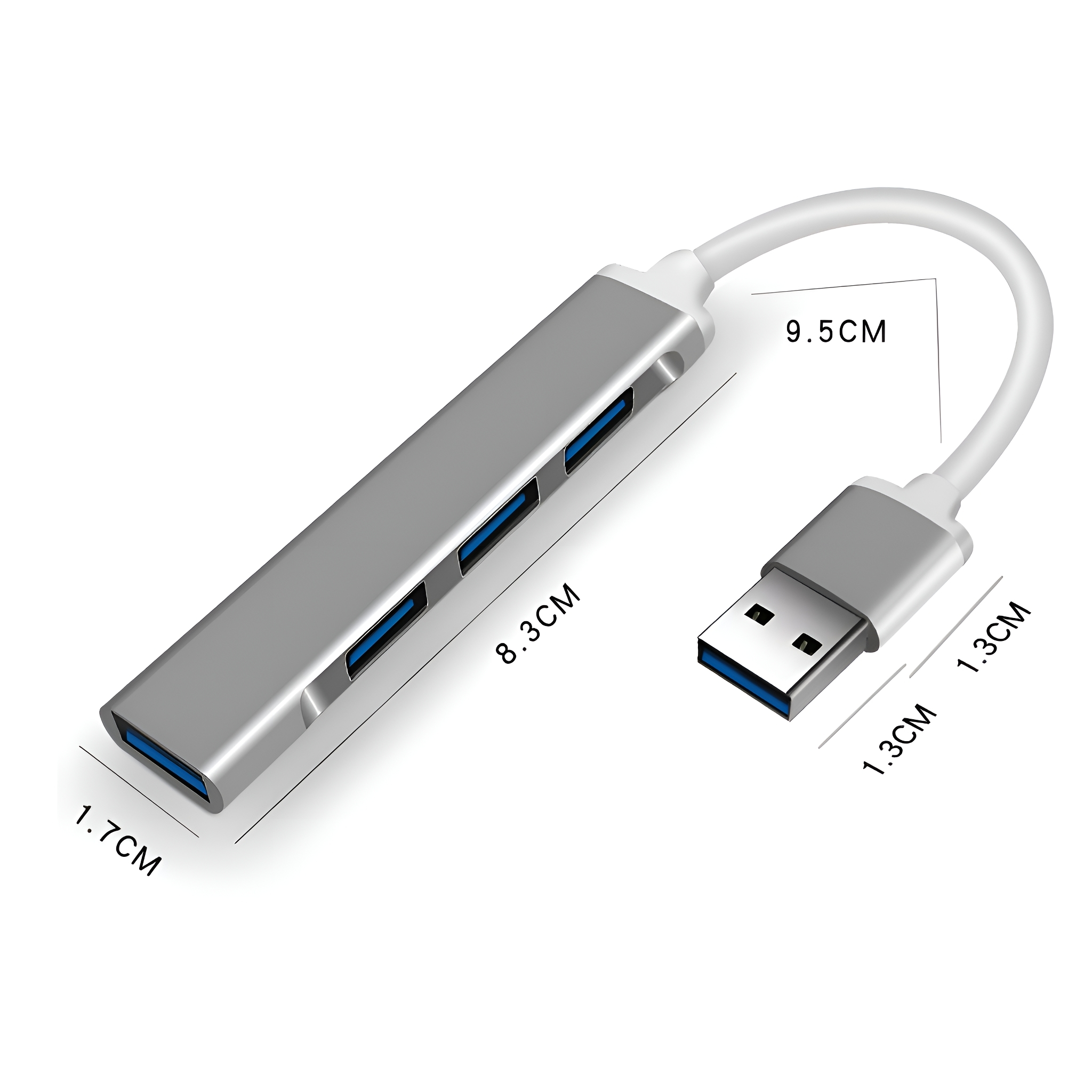 Silberner USB-Hub mit vier blauen USB-Anschlüssen. Weißes Kabel mit Maßen.