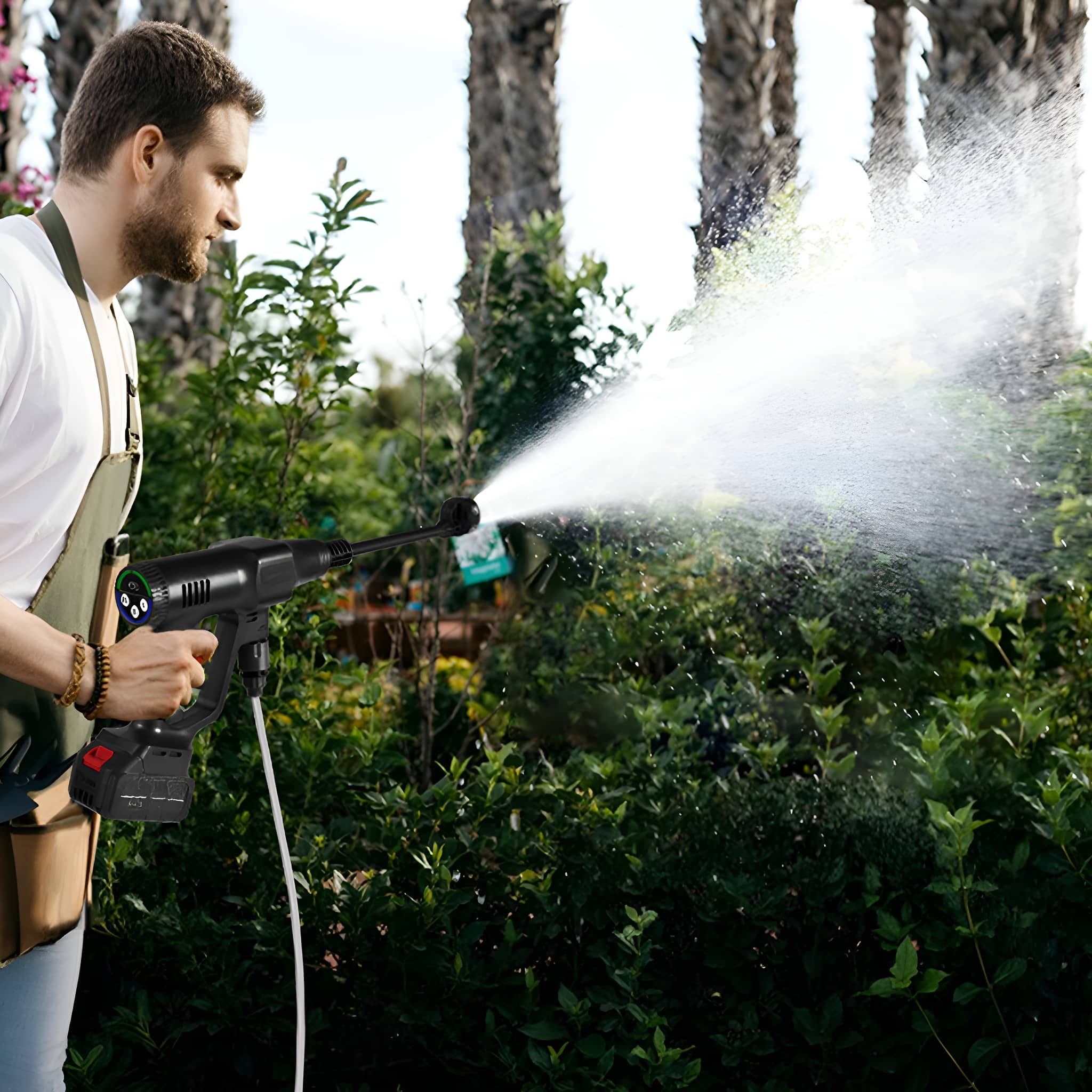 Ein Mann sprüht Wasser aus einem schwarzen Hochdruckreiniger auf grüne Büsche in einem Garten.