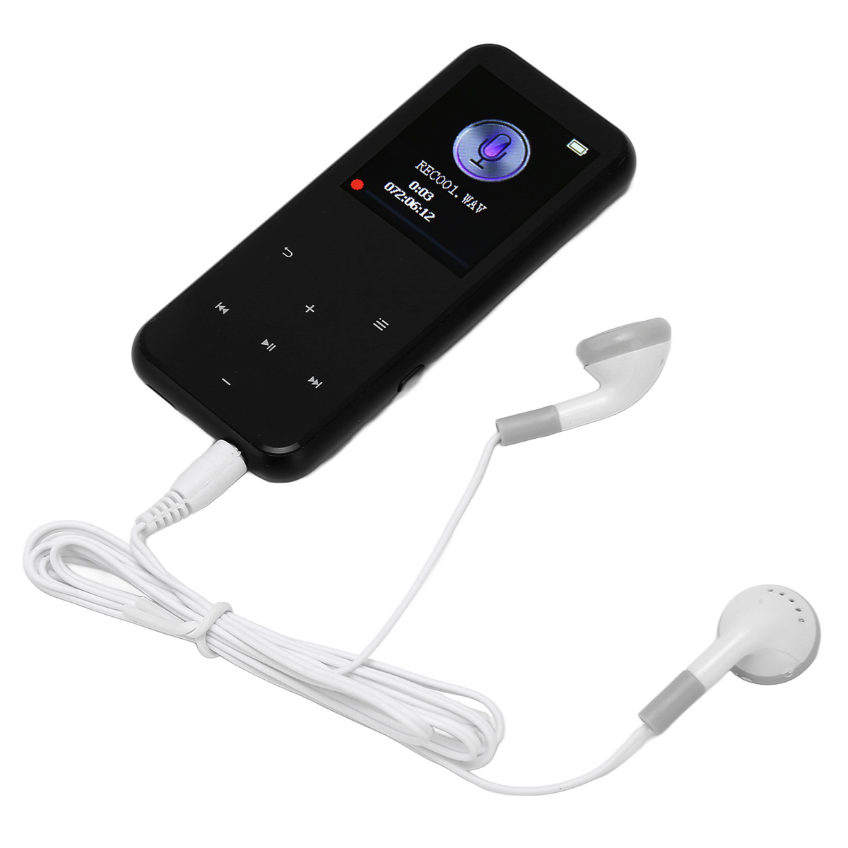 Schwarzer MP3-Player mit weißen Ohrhörern, die mit einem weißen Kabel verbunden sind. Der Bildschirm zeigt Audio-Infos.