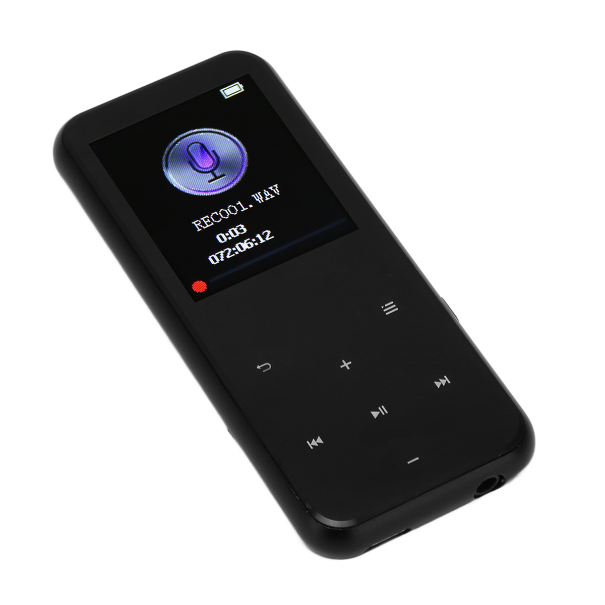Ein schwarzer digitaler Audiorecorder mit Tasten und einem kleinen Bildschirm, der REC001.WAV anzeigt.