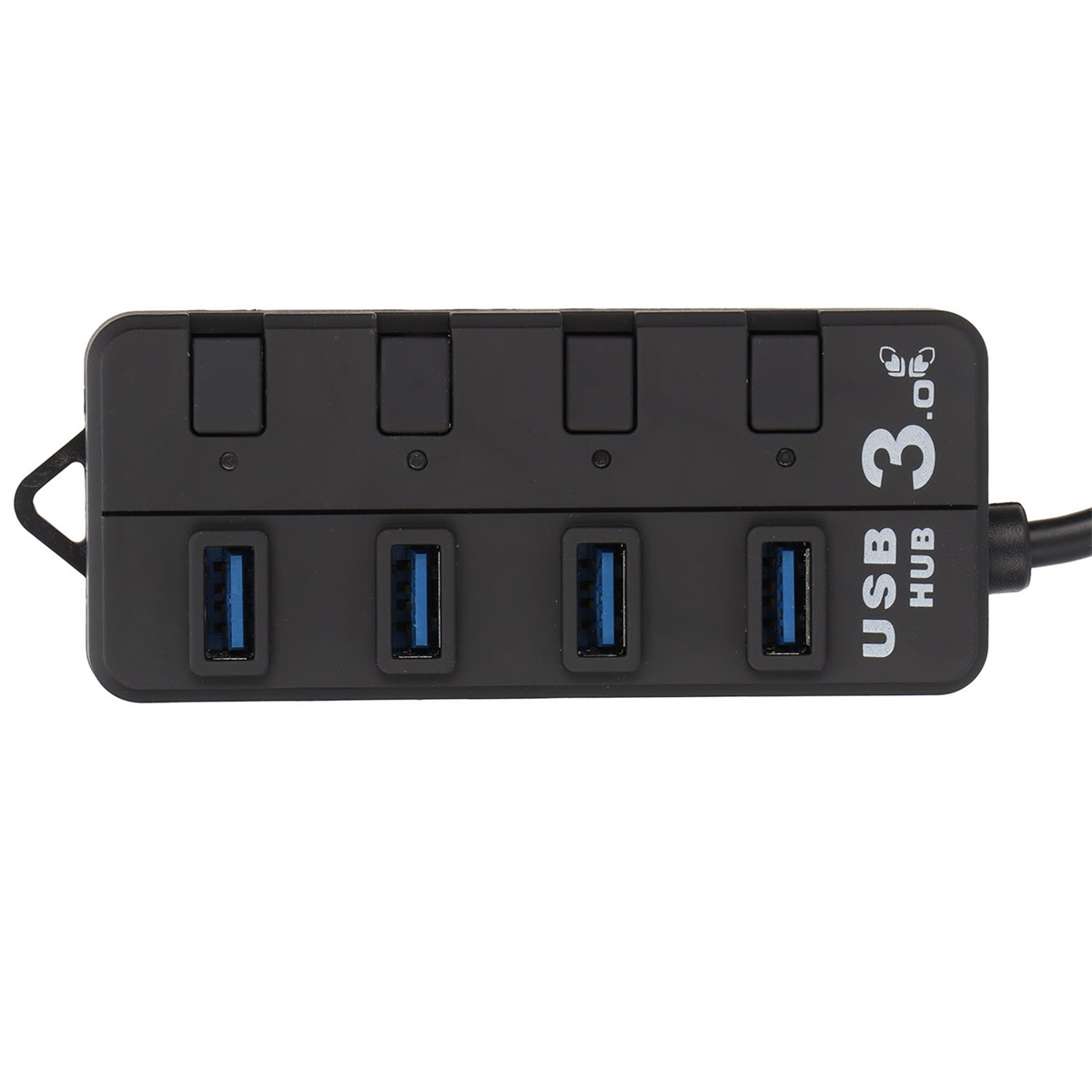 Schwarzer USB-Hub mit vier USB-Anschlüssen. Der Hub liegt auf einer weißen Oberfläche.