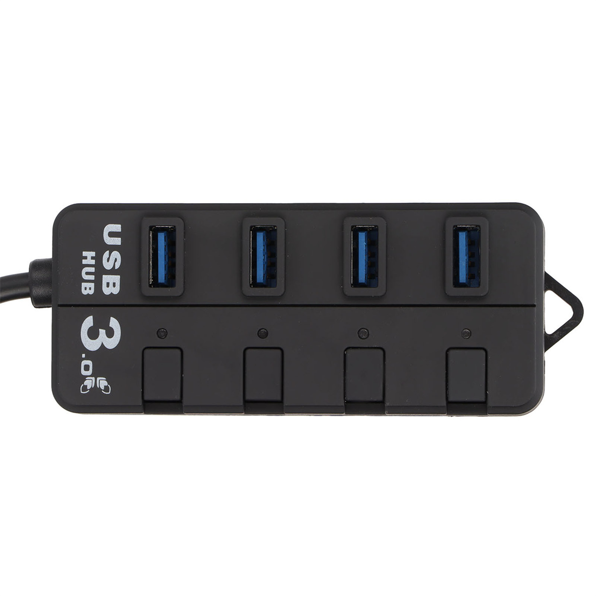 Schwarzer USB-Hub mit vier USB-Anschlüssen. Der Hub hat den Text „USB HUB 3.0“ darauf.