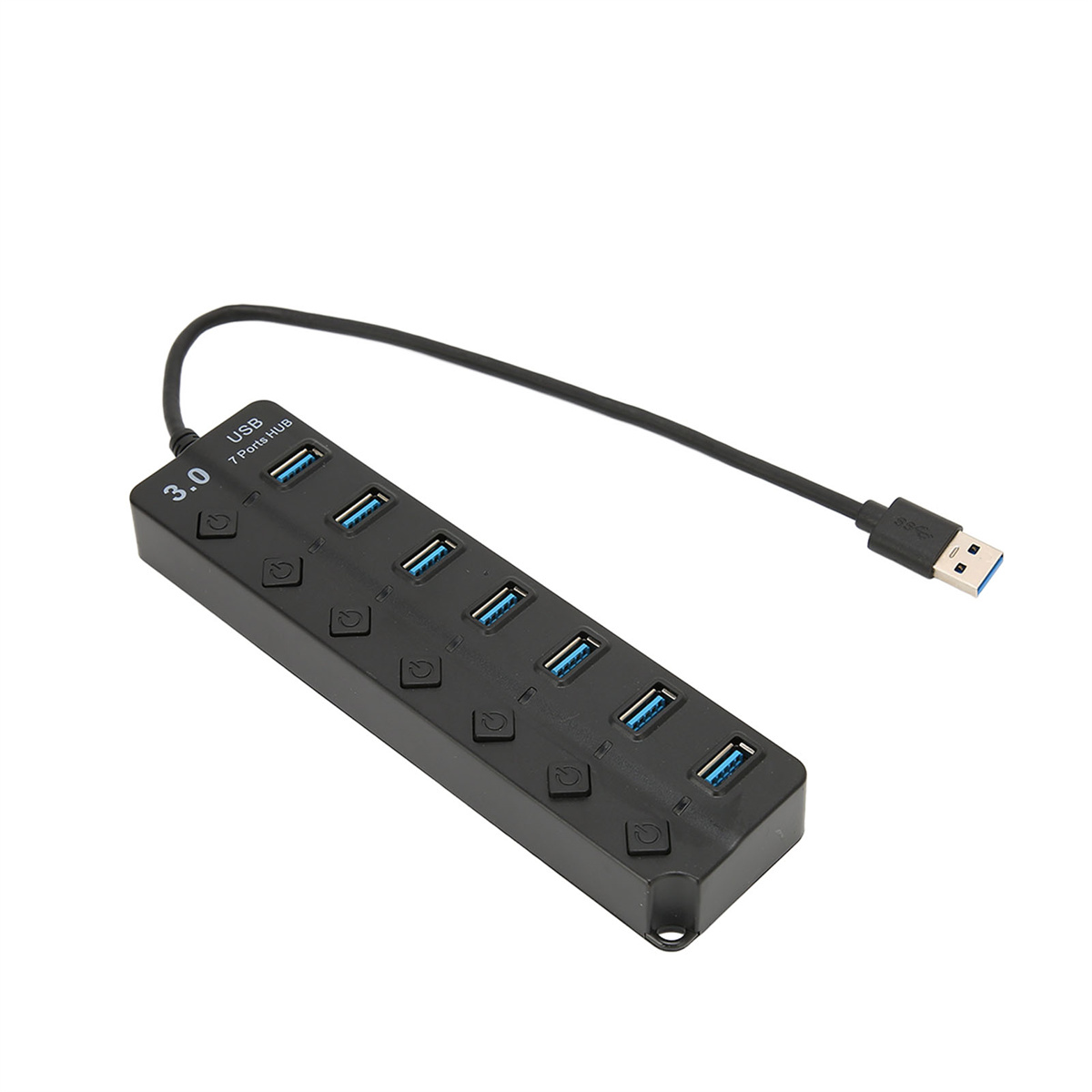 Schwarzer USB 3.0 Hub mit sieben USB-Anschlüssen und einem Kabel.