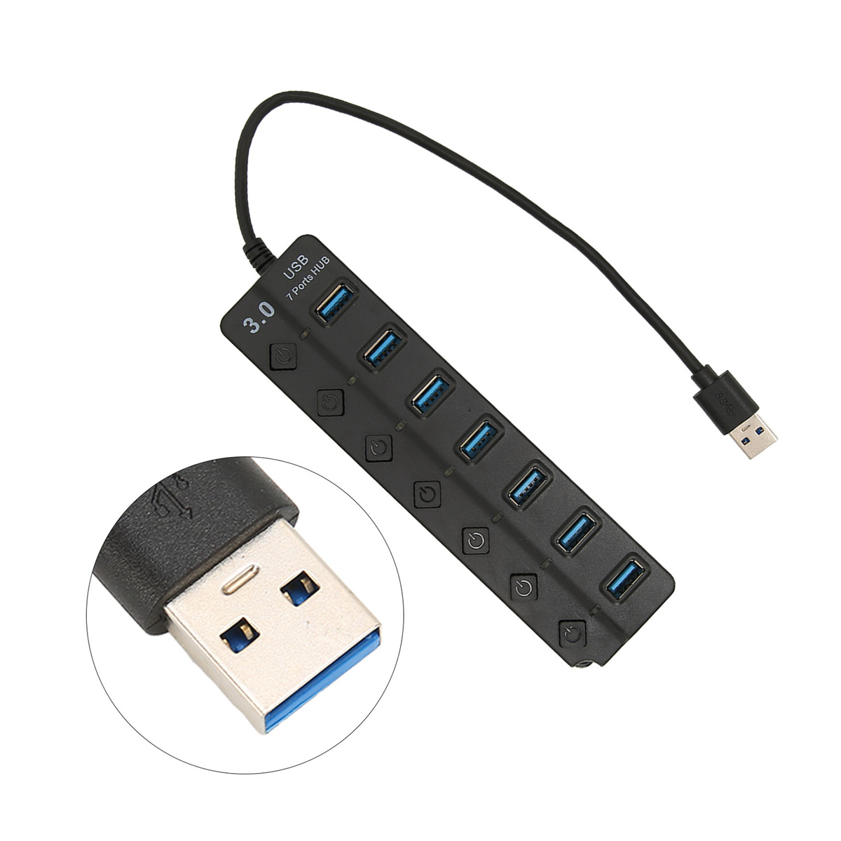 Schwarzer 7-Port-USB-3.0-Hub mit Ein-/Aus-Taste und Nahaufnahme des USB-Anschlusses.