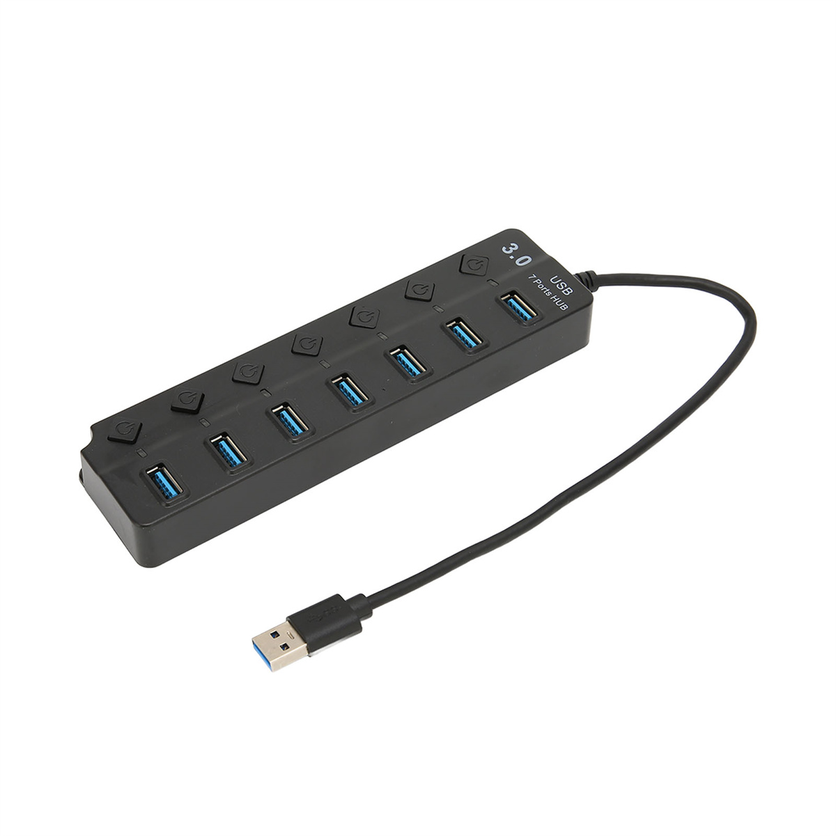 Ein schwarzer USB 3.0-Hub mit sieben USB-Anschlüssen und einem schwarzen Kabel.