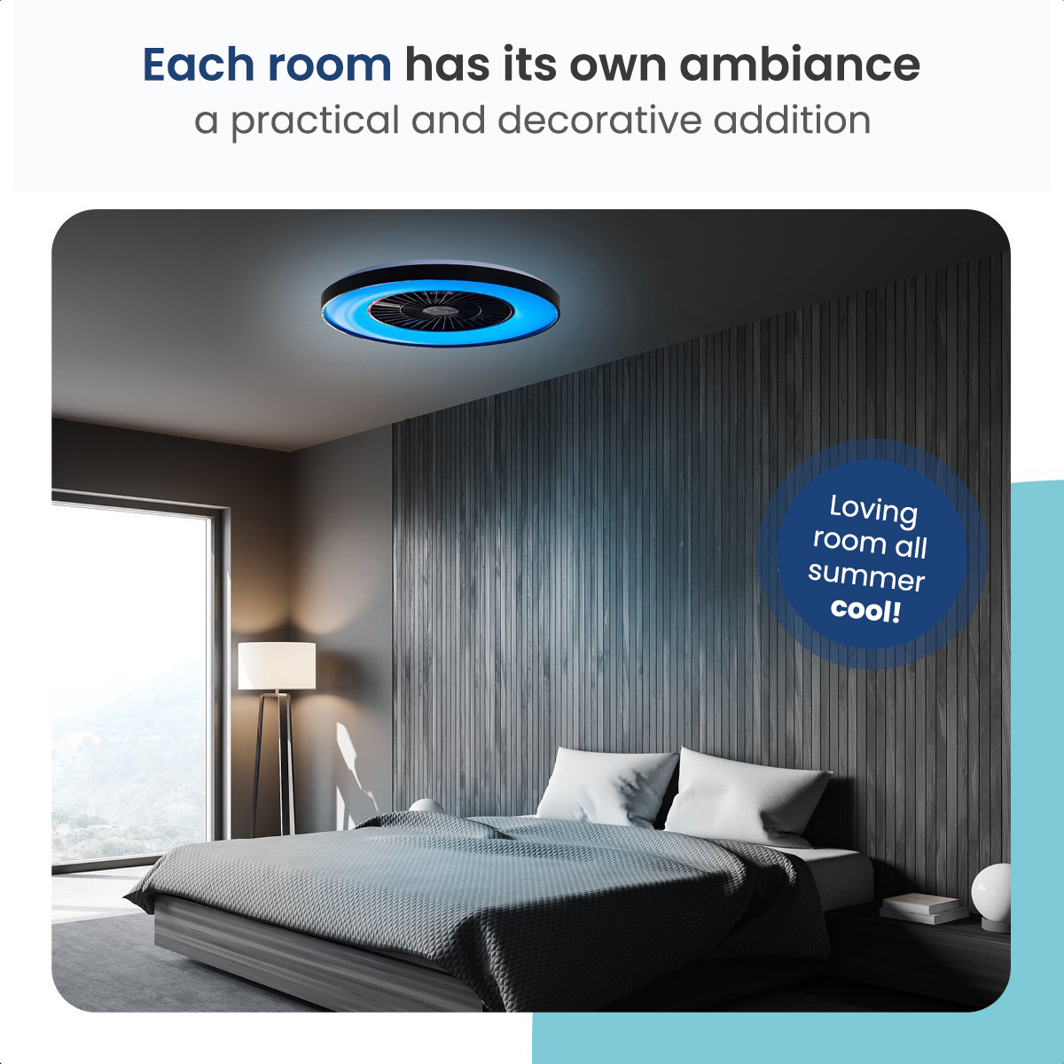A bedroom with a ceiling fan. The bed is made and there is a lamp.