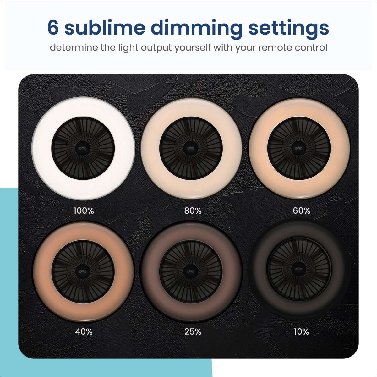 Six ring lights, with 6 dimming settings from 100% to 10%. Black background.