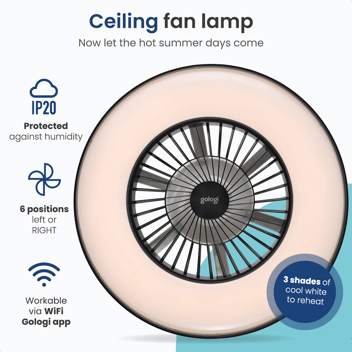 Ceiling fan lamp with text. Graphics of icons. White background.