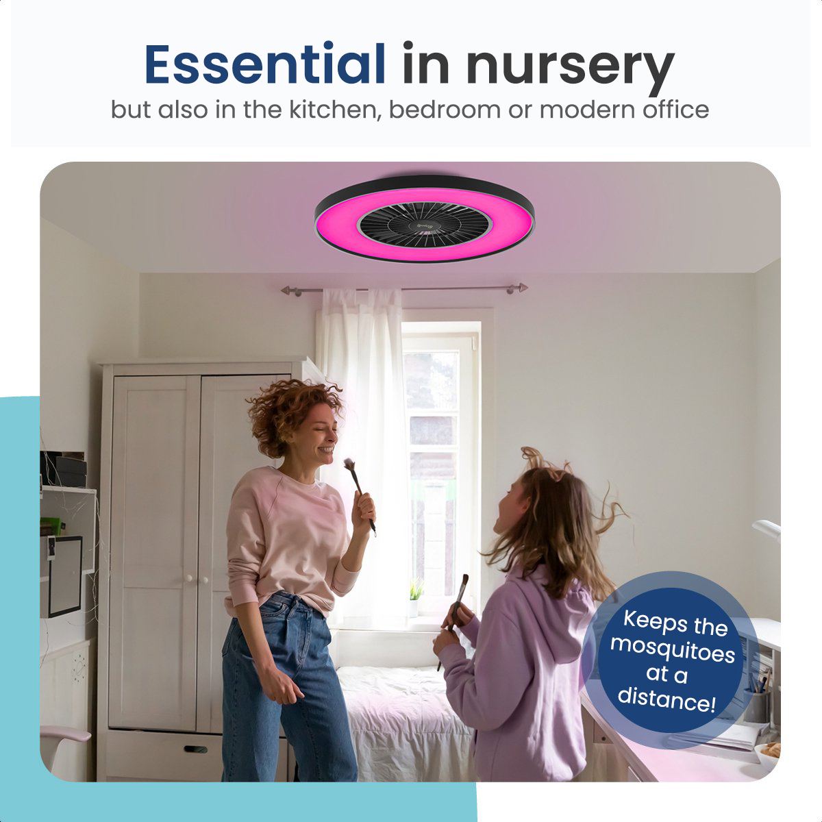 Ceiling fan with pink ring light, text, two women with brushes.