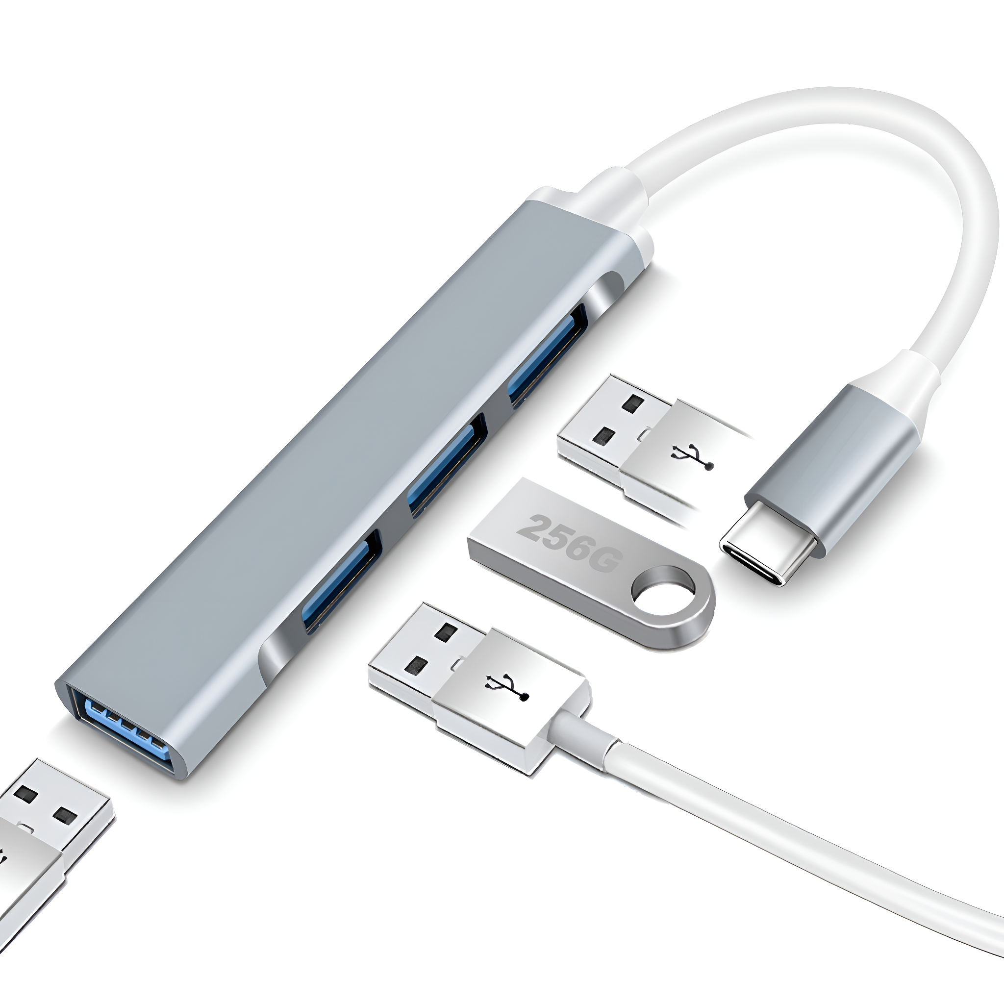 Silberner USB-Hub mit mehreren USB-Anschlüssen, USB-C-Kabel und USB-Stick.