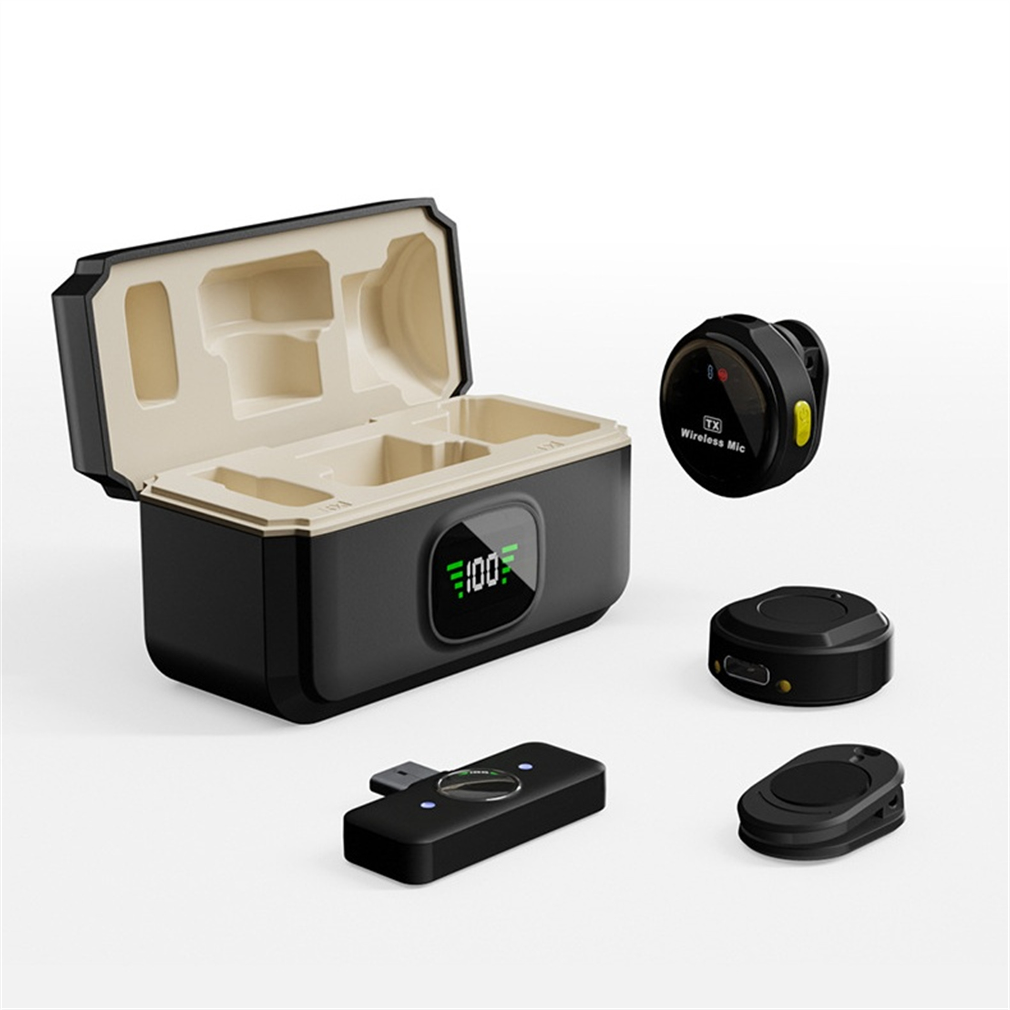 Ein schwarzes drahtloses Mikrofon-Kit mit mehreren Komponenten, einschließlich einer Ladebox.