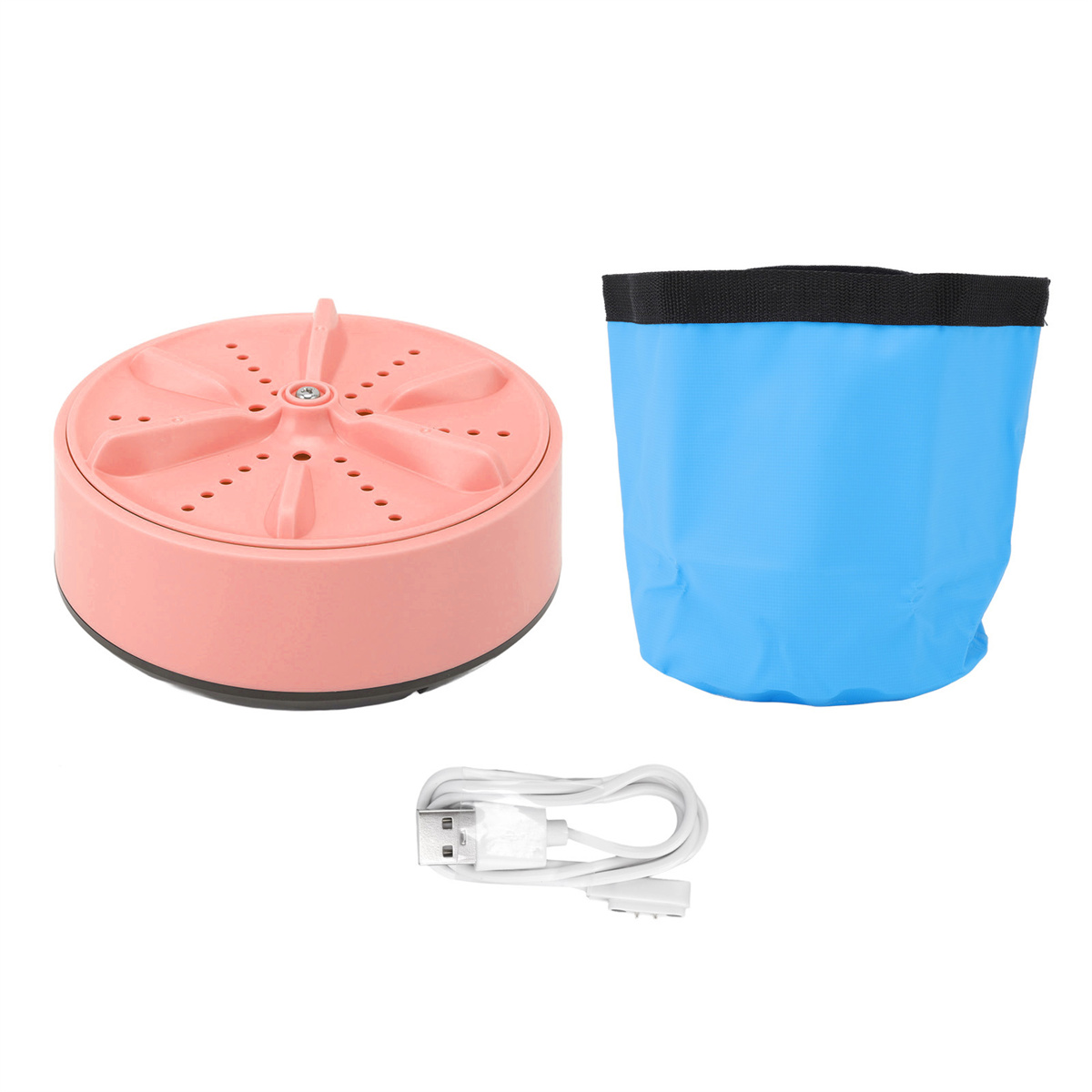 Rosa Mini-Waschmaschine, blaue faltbare Waschschüssel und weißes USB-Kabel.
