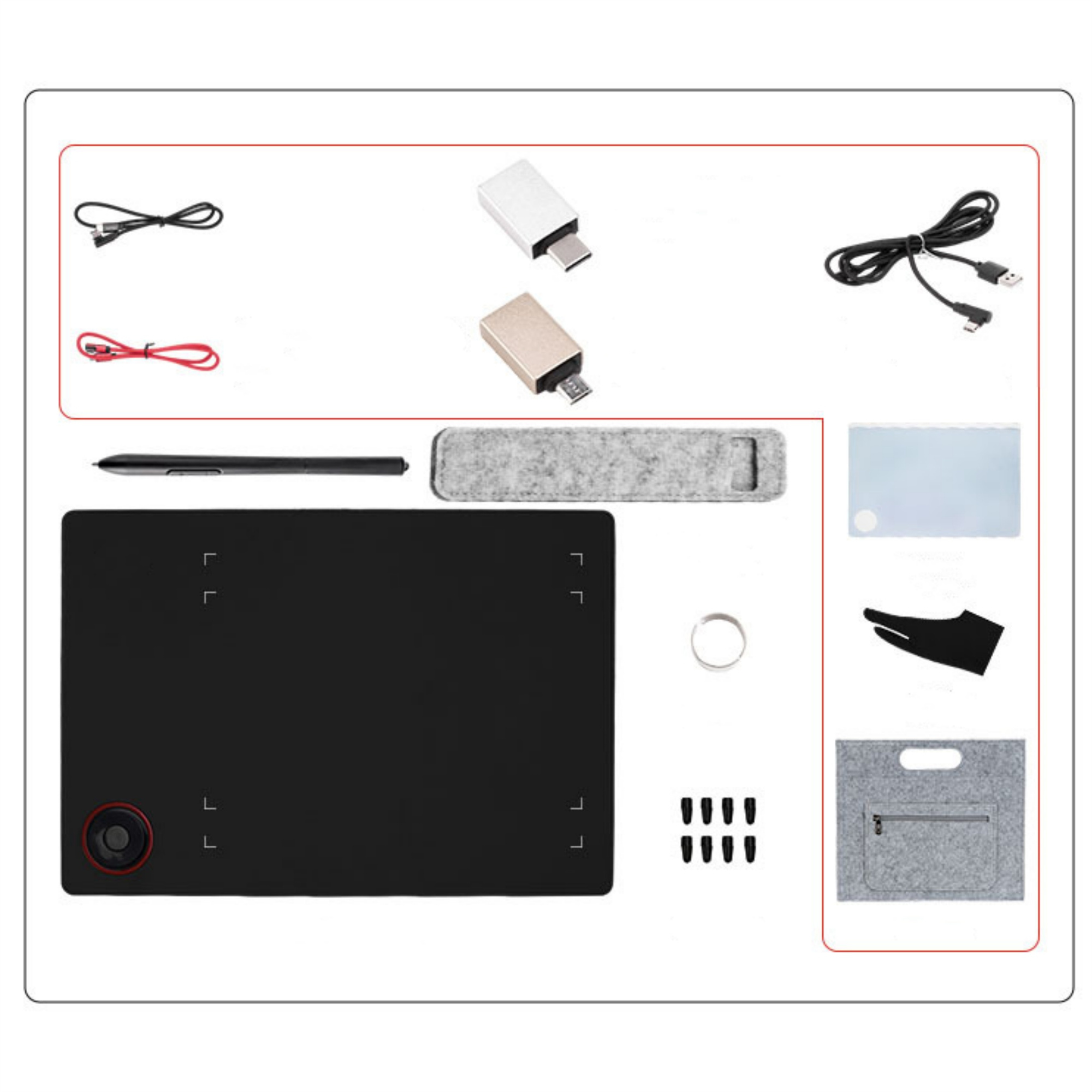 Verschiedenes schwarzes elektronisches Zubehör, einschließlich Stift, USB-Geräte und Tablet.