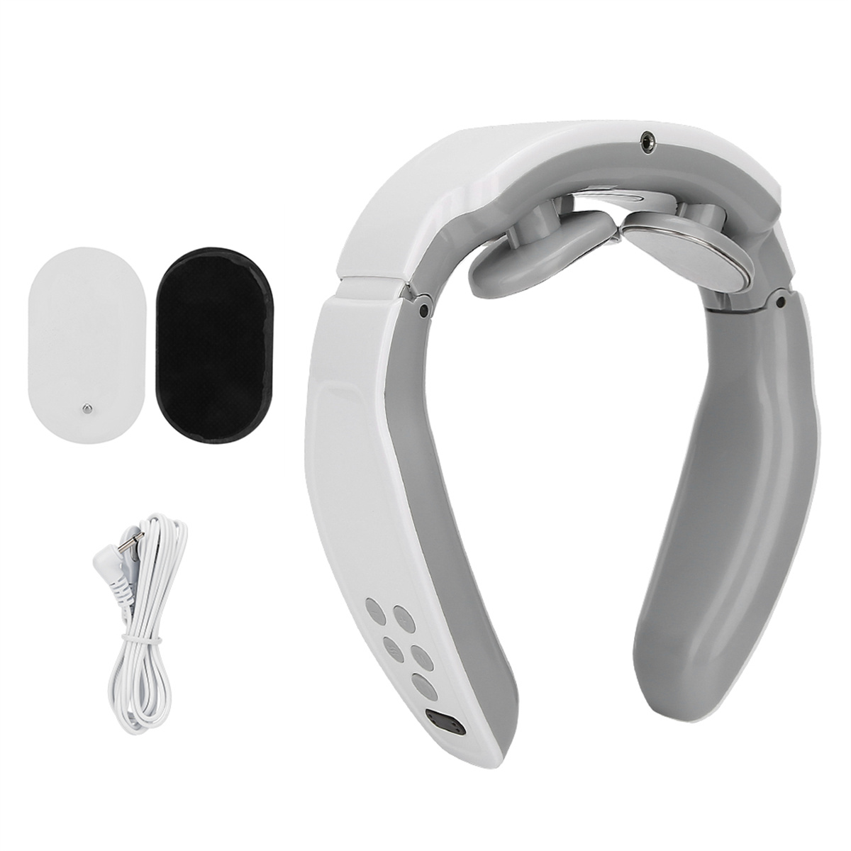 Ein weiß-graues Nackenmassagegerät mit Zubehör: Pads und Kabel.