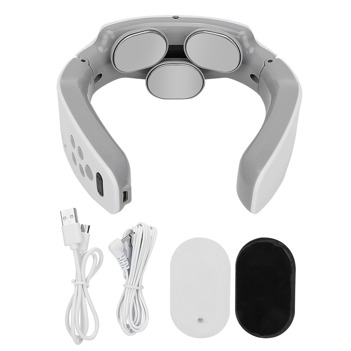 Nackenmassagegerät mit Pads und Zubehör. Es gibt Kabel, eine Ladestation und ein Pad.