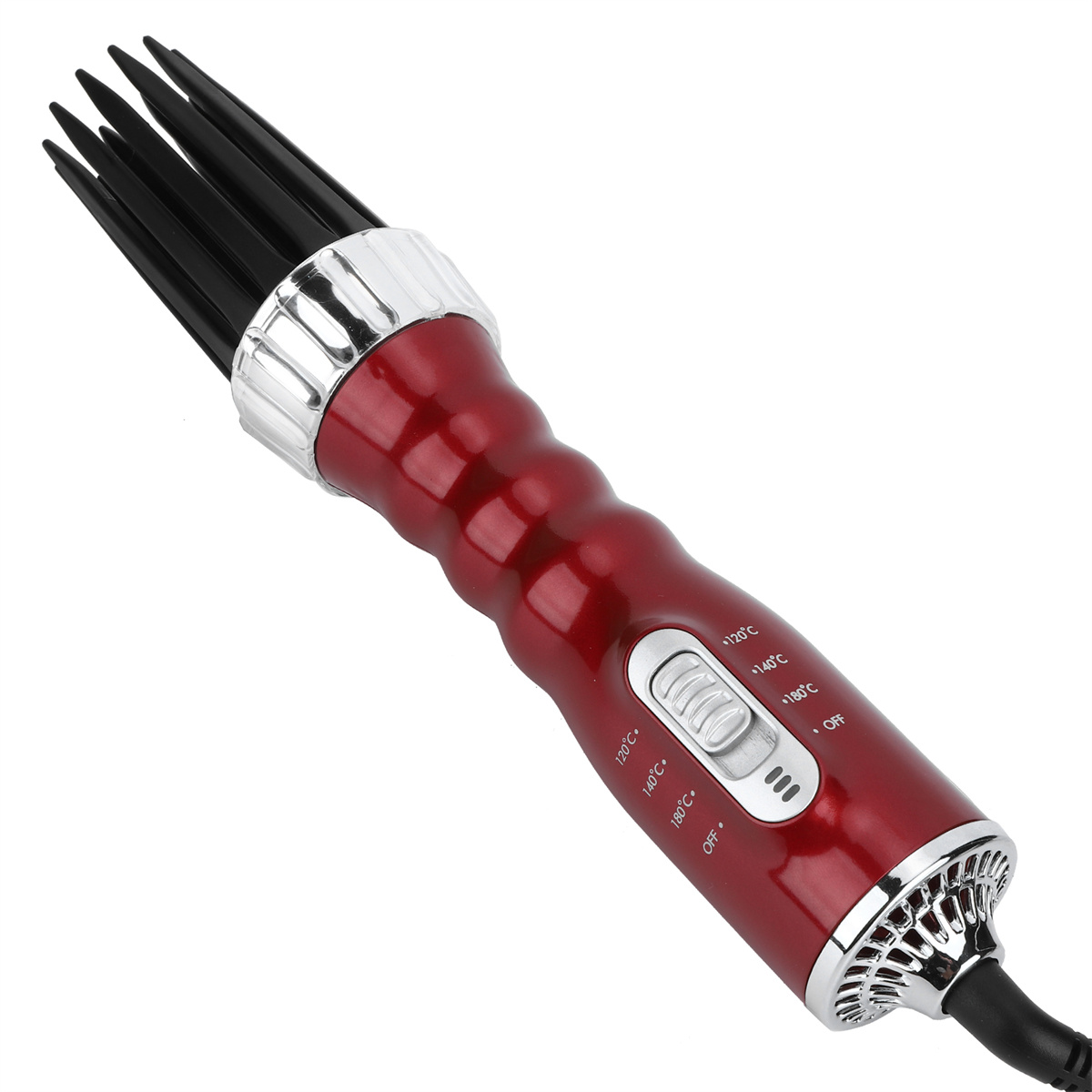 Rotes und silbernes Haarstyling-Werkzeug mit schwarzen Borsten, Schalter und Temperatureinstellungen.