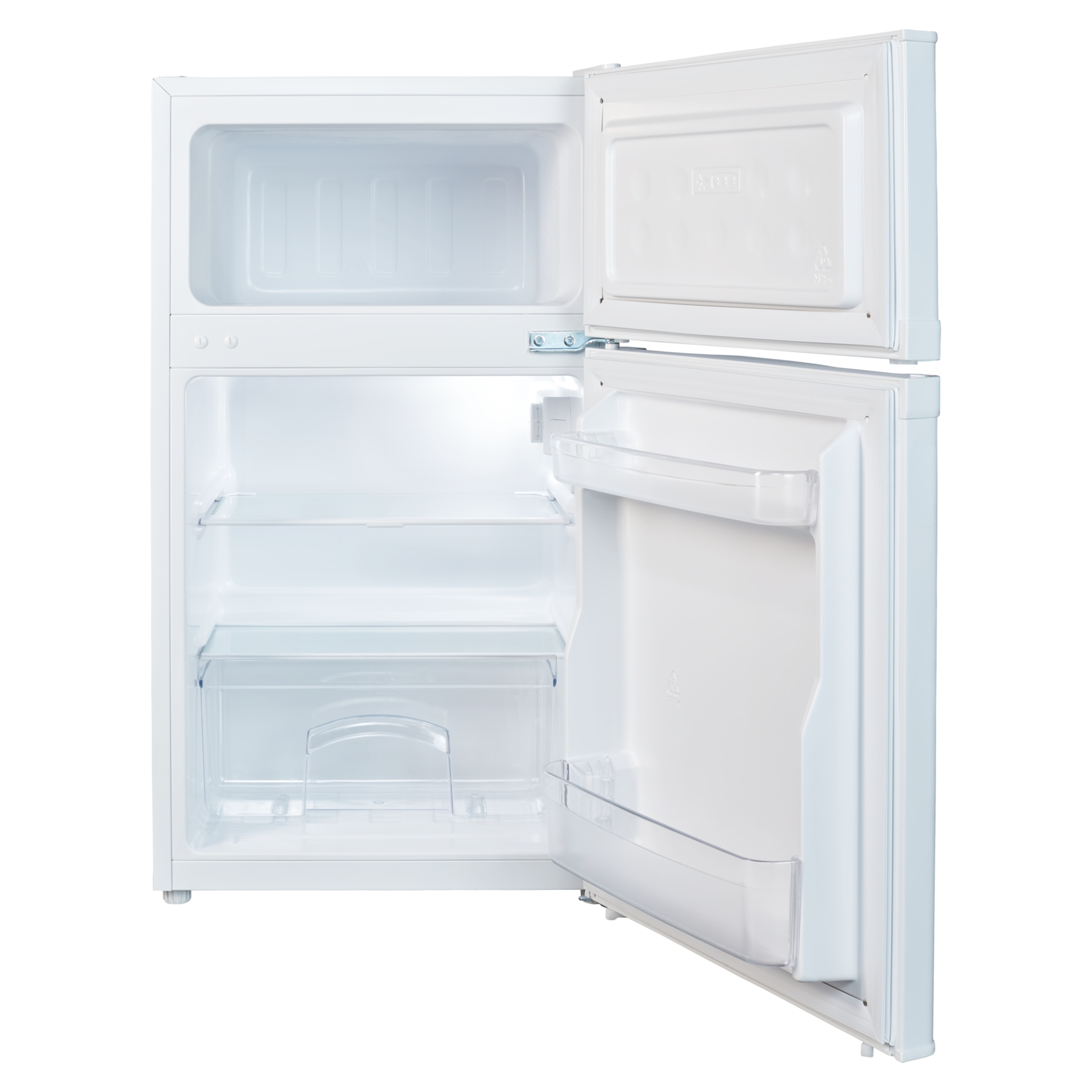 Weißer Kühlschrank mit geöffneten Türen, der Regale und ein Gefrierfach zeigt.