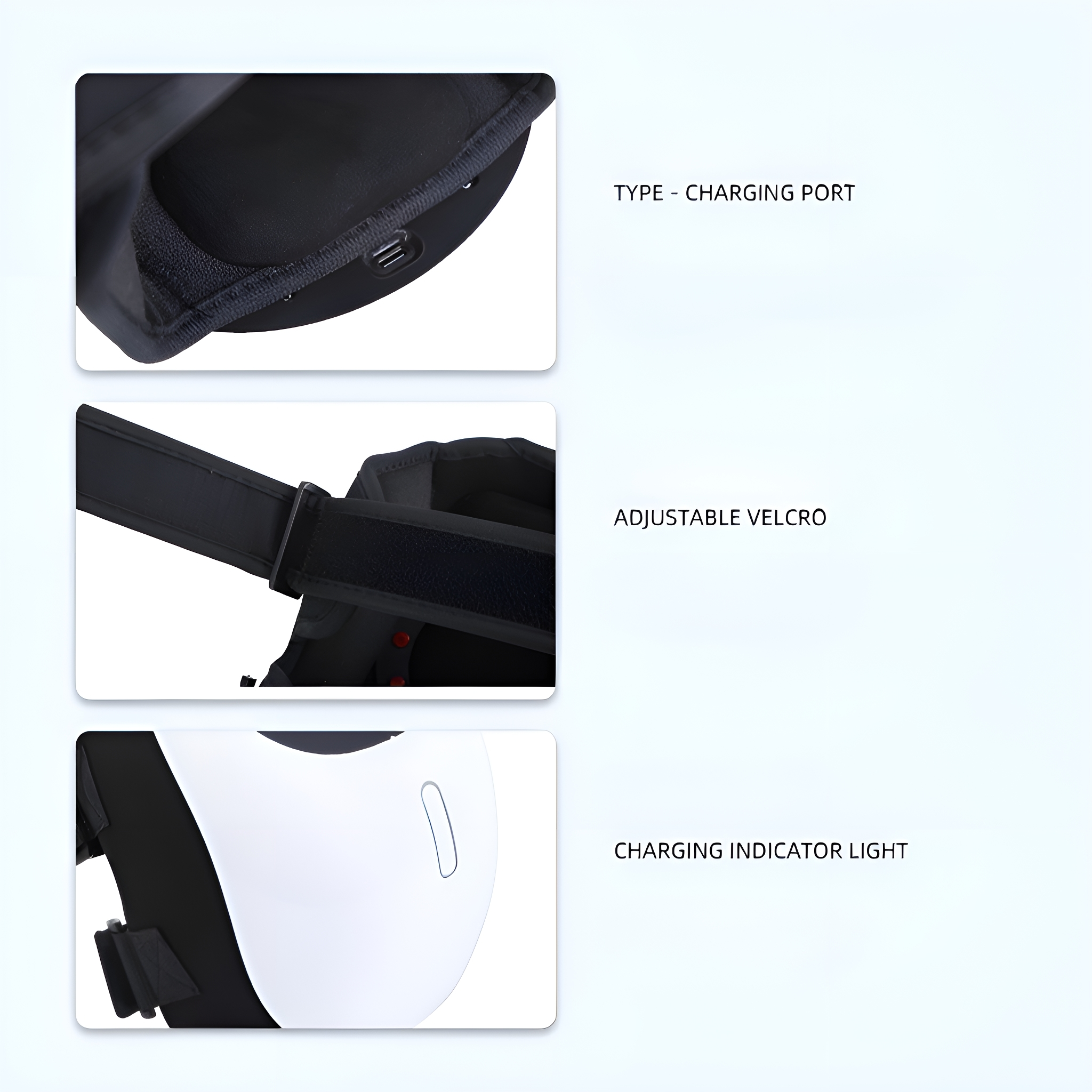 Nahaufnahme eines schwarzen VR-Headsets, das Ladeanschluss, Klettverschluss und Ladelicht zeigt.