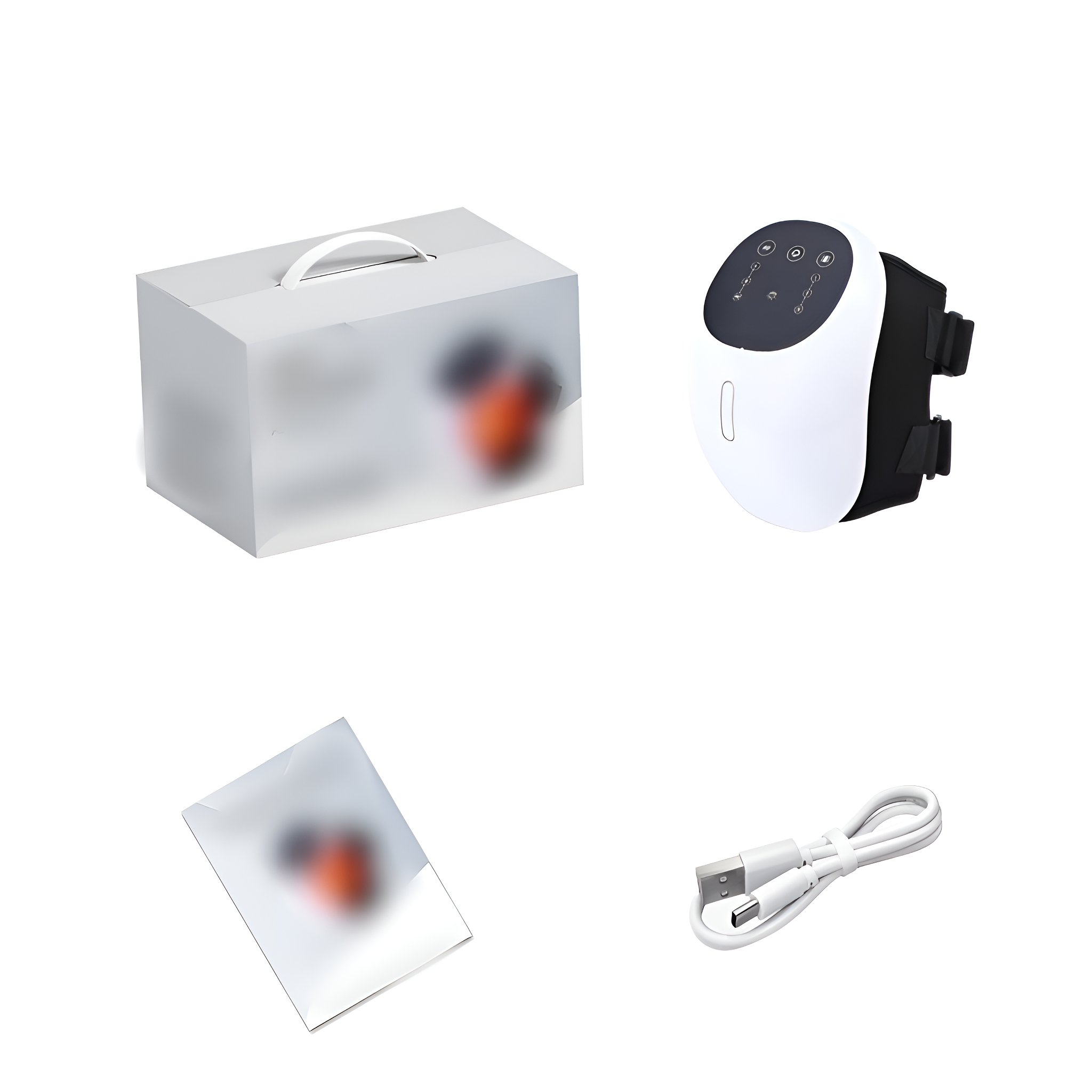 Weiße Box, schwarz-weißes Gerät mit Knöpfen und ein Kabel. Zusätzliche Elemente sind unscharf.