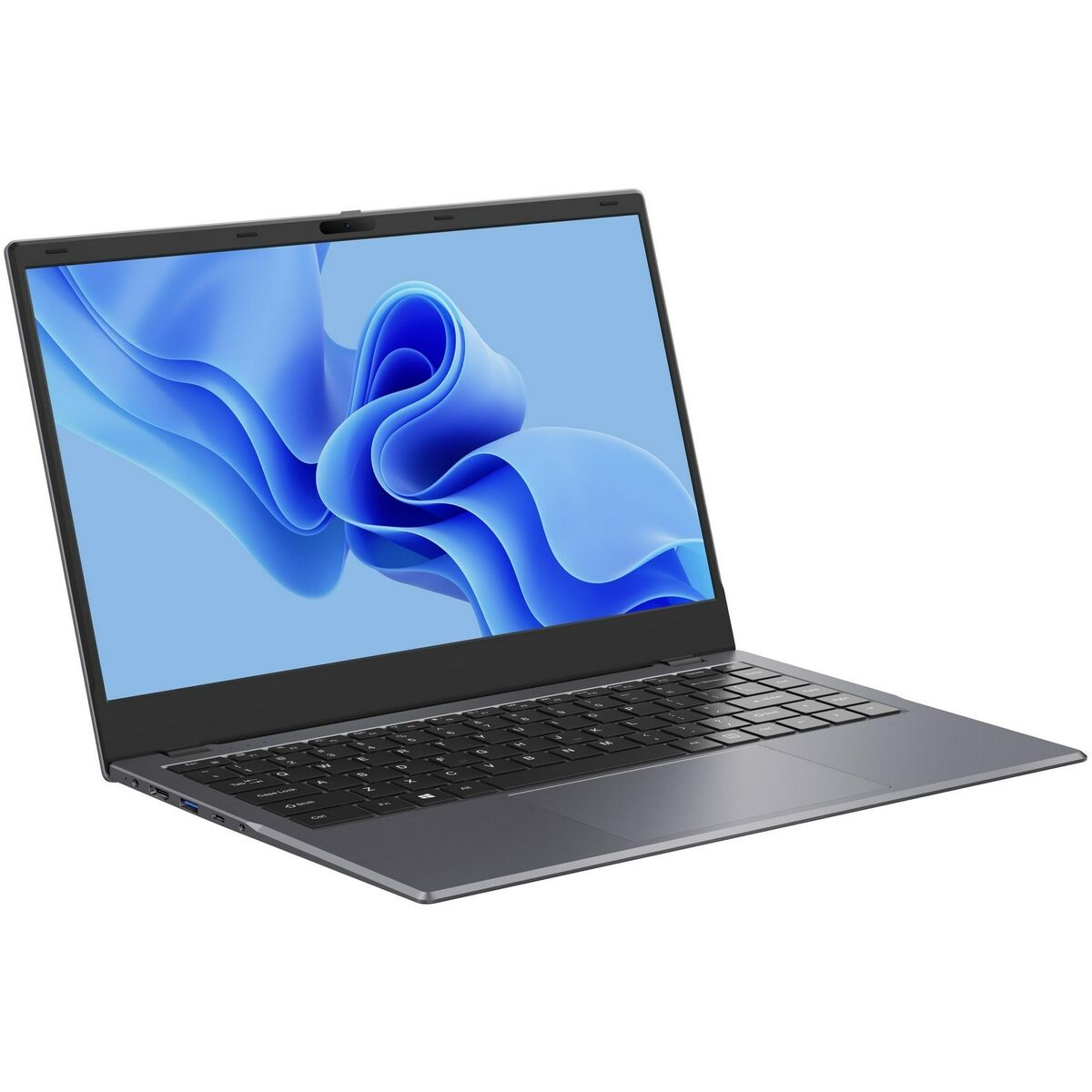 Laptop mit grauem Rahmen und blauem, abstrakten Hintergrundbild auf dem Bildschirm. Geöffnet und zum Betrachter geneigt.