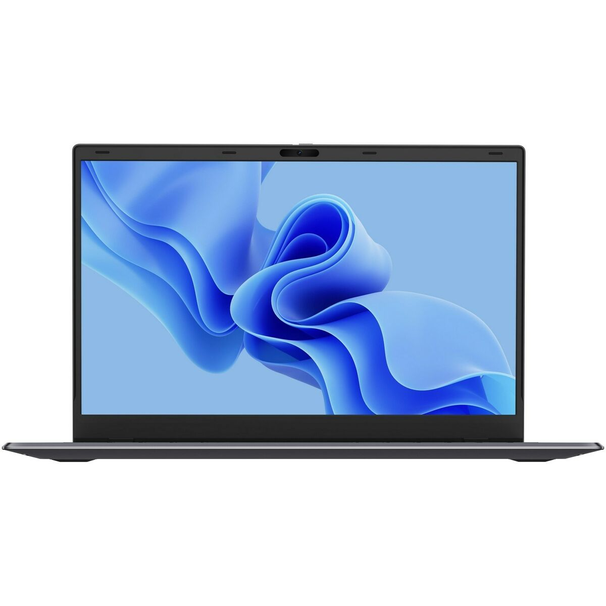Ein Laptop mit blauem, abstraktem Hintergrundbild auf dem Bildschirm.
