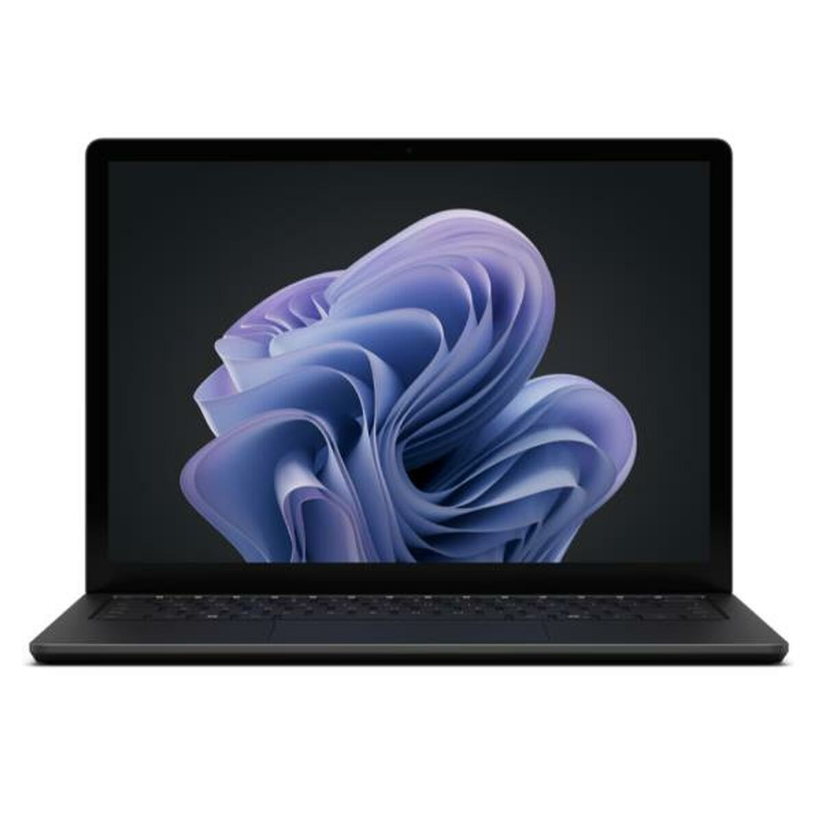 Un laptop nero aperto che mostra un design astratto blu e viola.