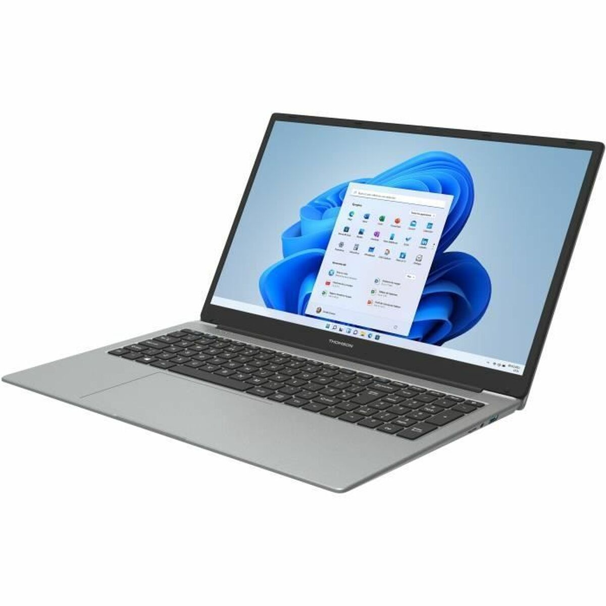 Ordinateur portable ouvert affichant le bureau Windows avec des tons bleus, blancs et gris.