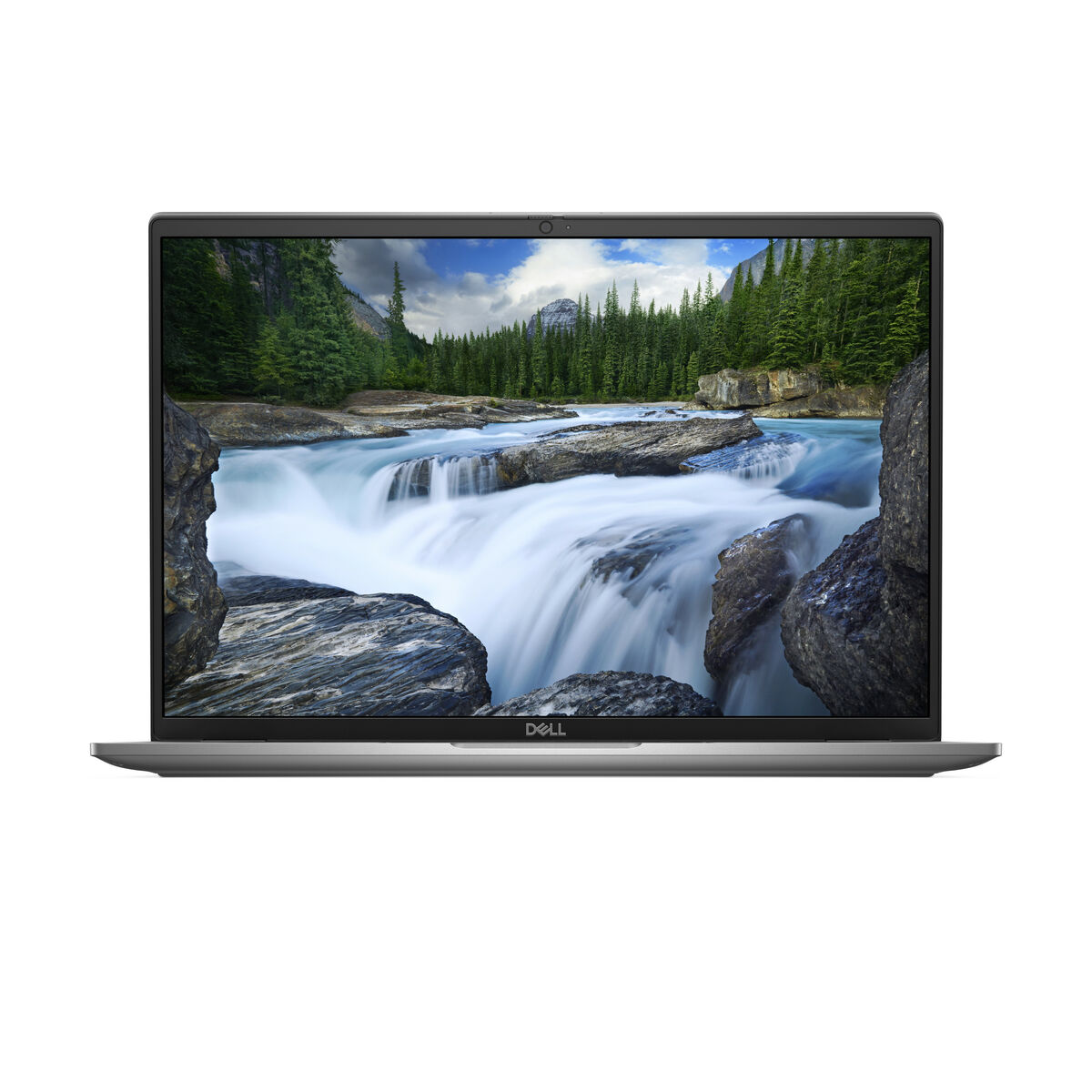 Una laptop con una pantalla que muestra un paisaje. La laptop está abierta y muestra una vista.