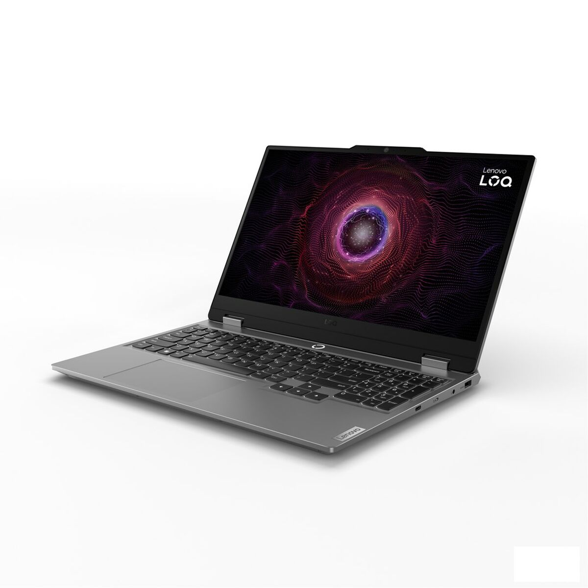 Laptop mit farbenfroher Bildschirmanzeige auf weißem Hintergrund.