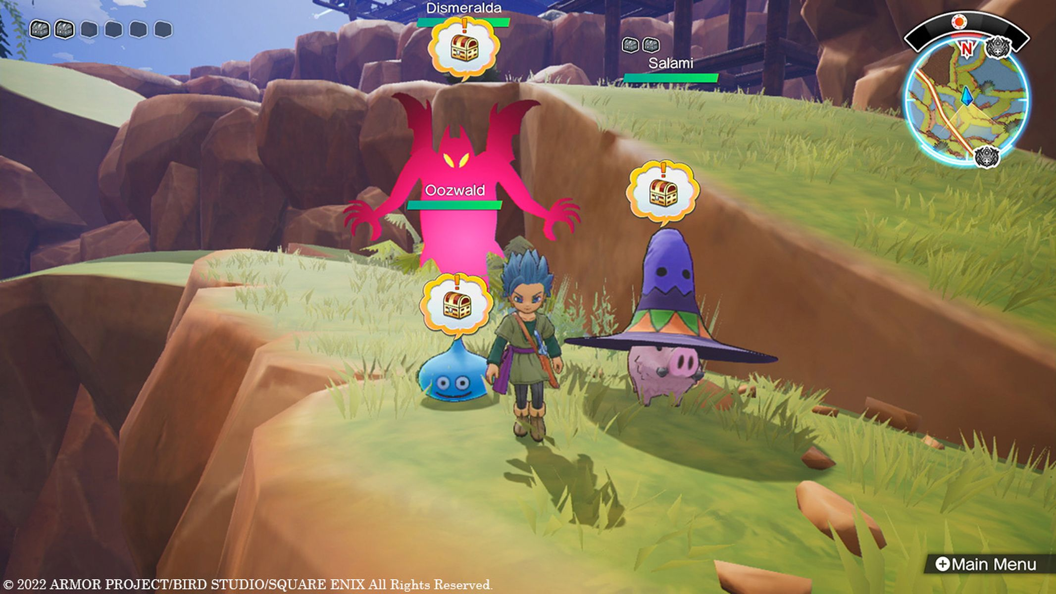 Eine Spielszene mit Zeichentrickfiguren, darunter ein rosa Dämon und ein Schwein mit Hut.