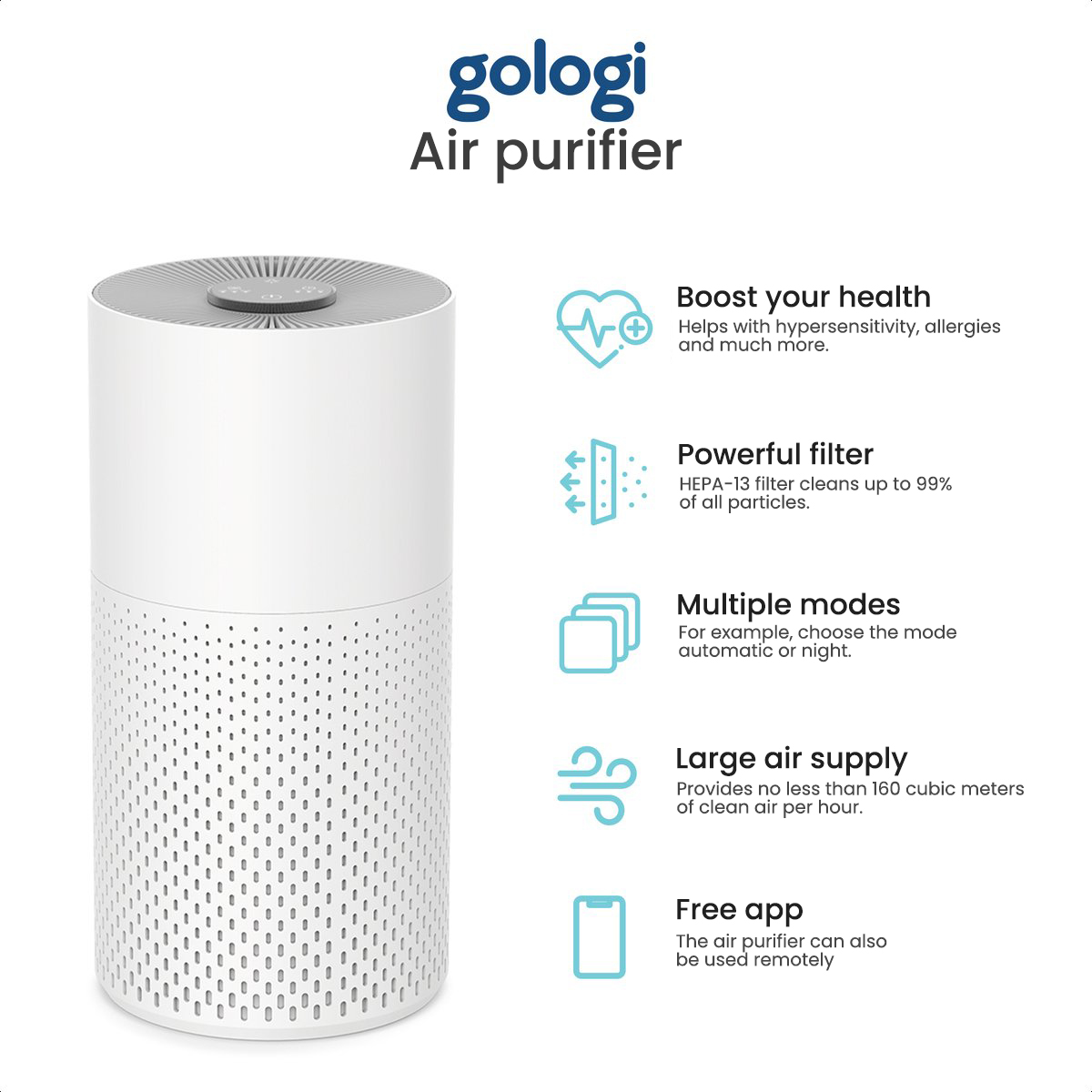 White air purifier with text about health benefits, filter power, multiple modes, air supply.