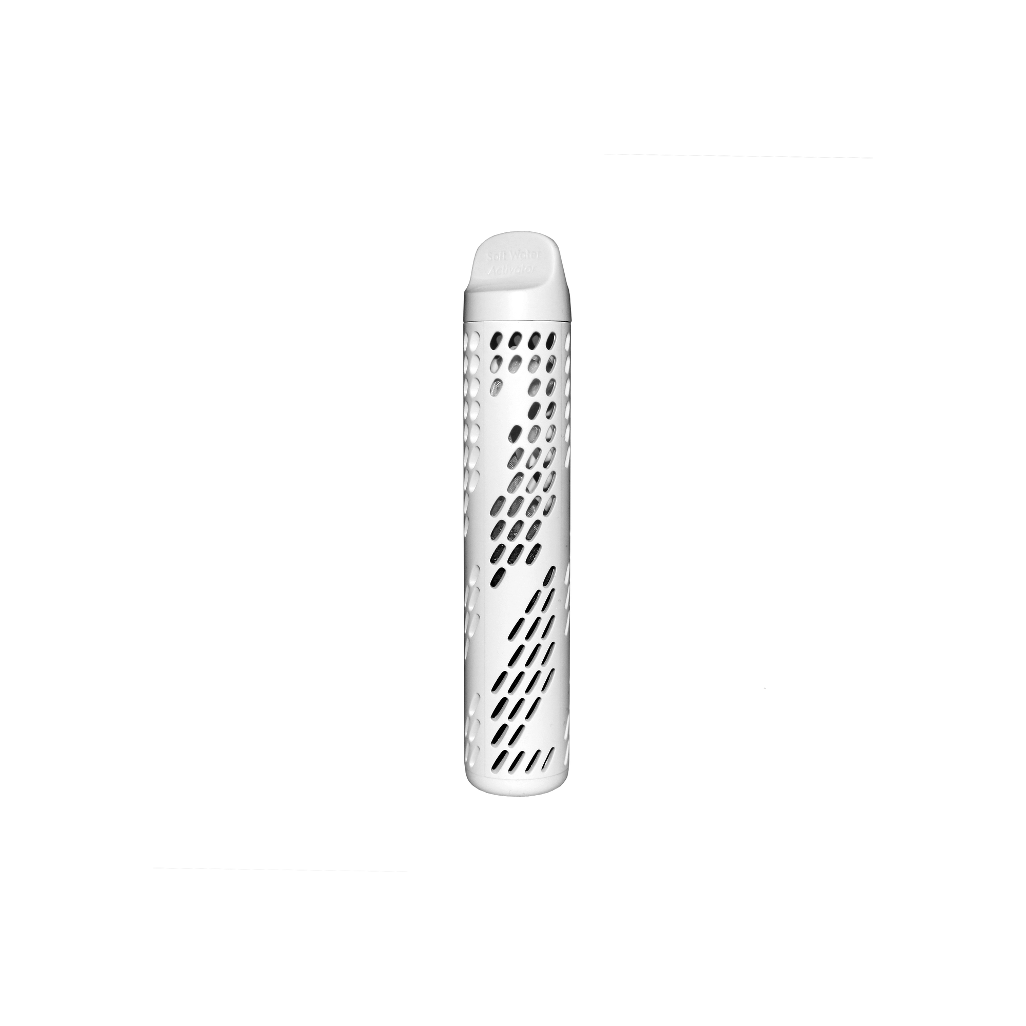 Dispositivo blanco con diseño perforado, forma cilíndrica y parte superior redondeada.