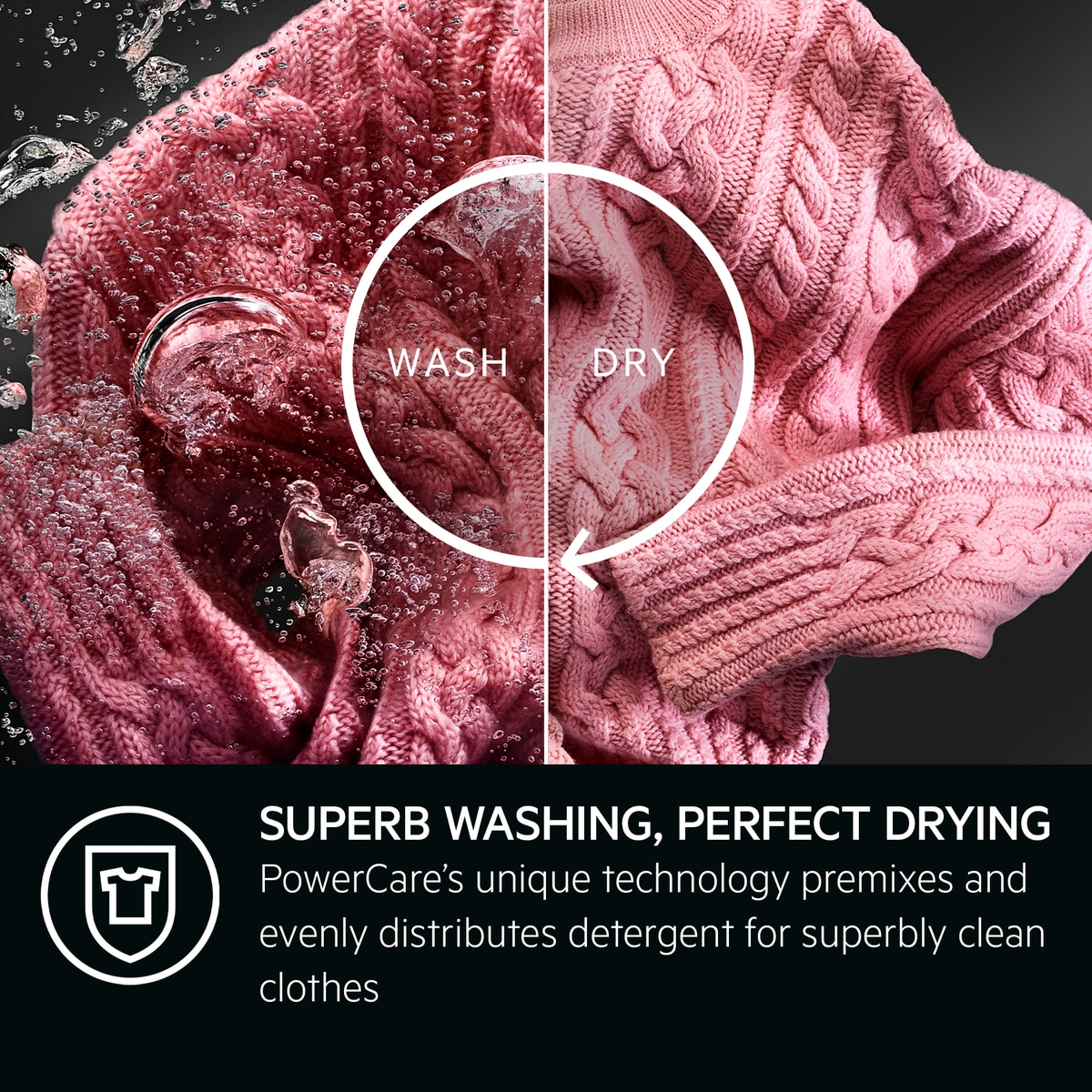 Jersey rosa siendo lavado y secado con gotas de agua. Texto "WASH" y "DRY". Texto blanco: Superb washing, perfect drying.