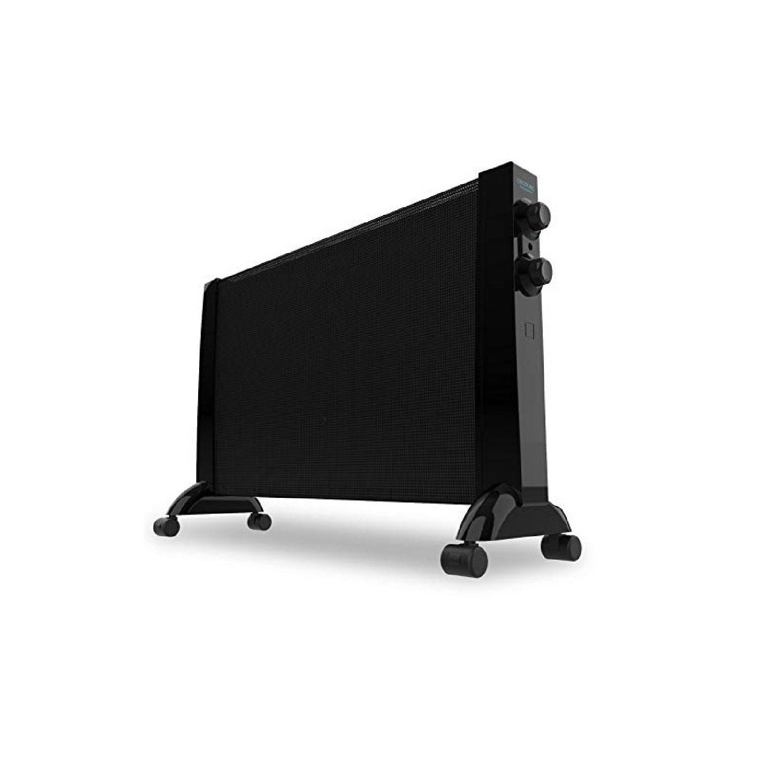 Czarny grzejnik elektryczny na kółkach z kontrolkami z boku.