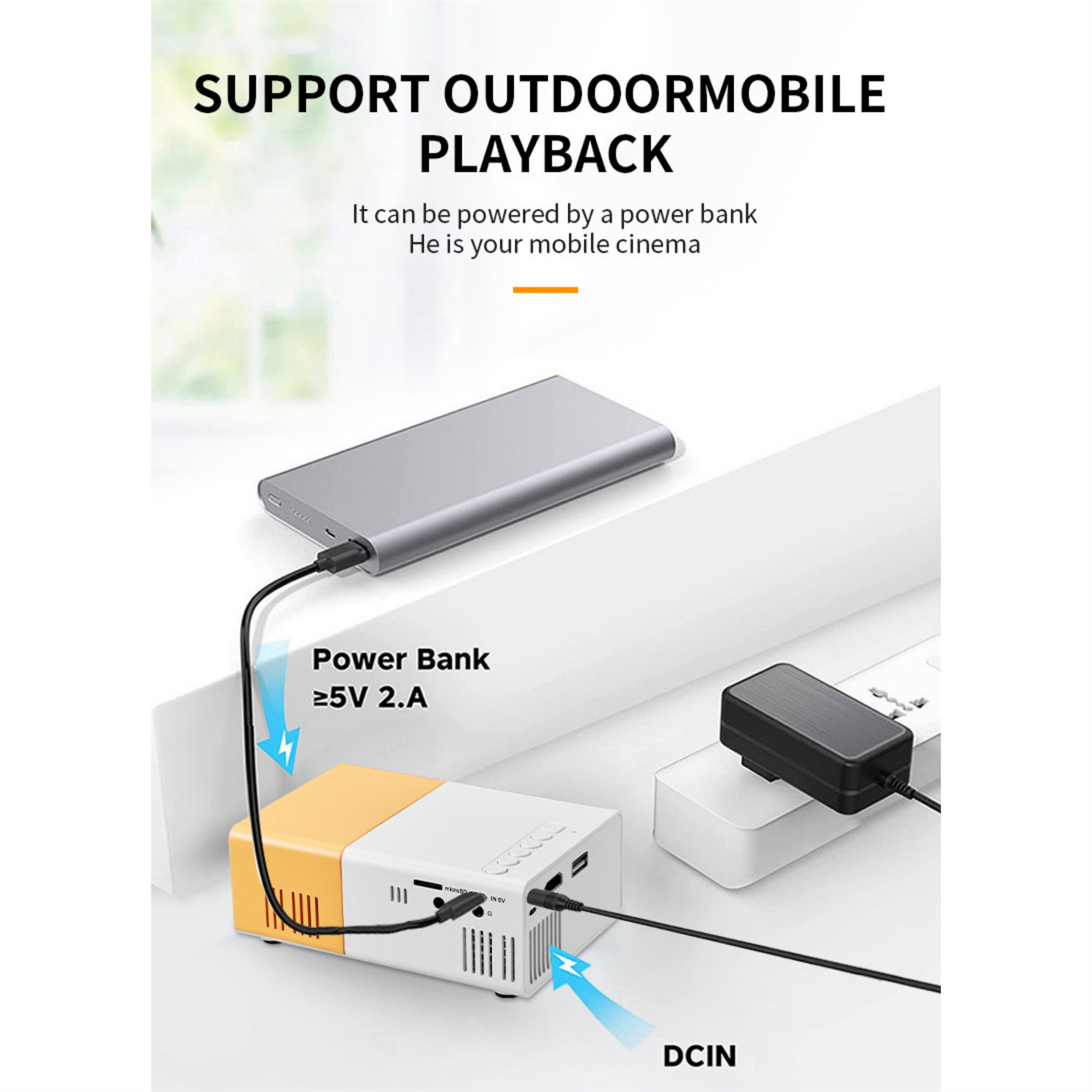 Ein kleiner Projektor und eine Powerbank sind verbunden. Ein Netzteil ist an die Wand angeschlossen.