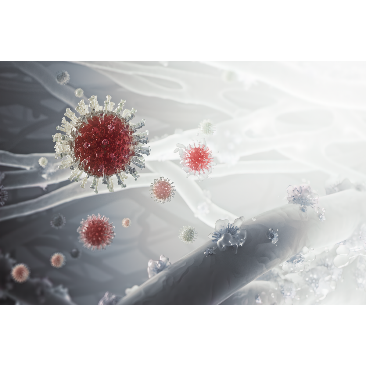Una imagen abstracta de virus rojos entre tejido fibroso blanco.