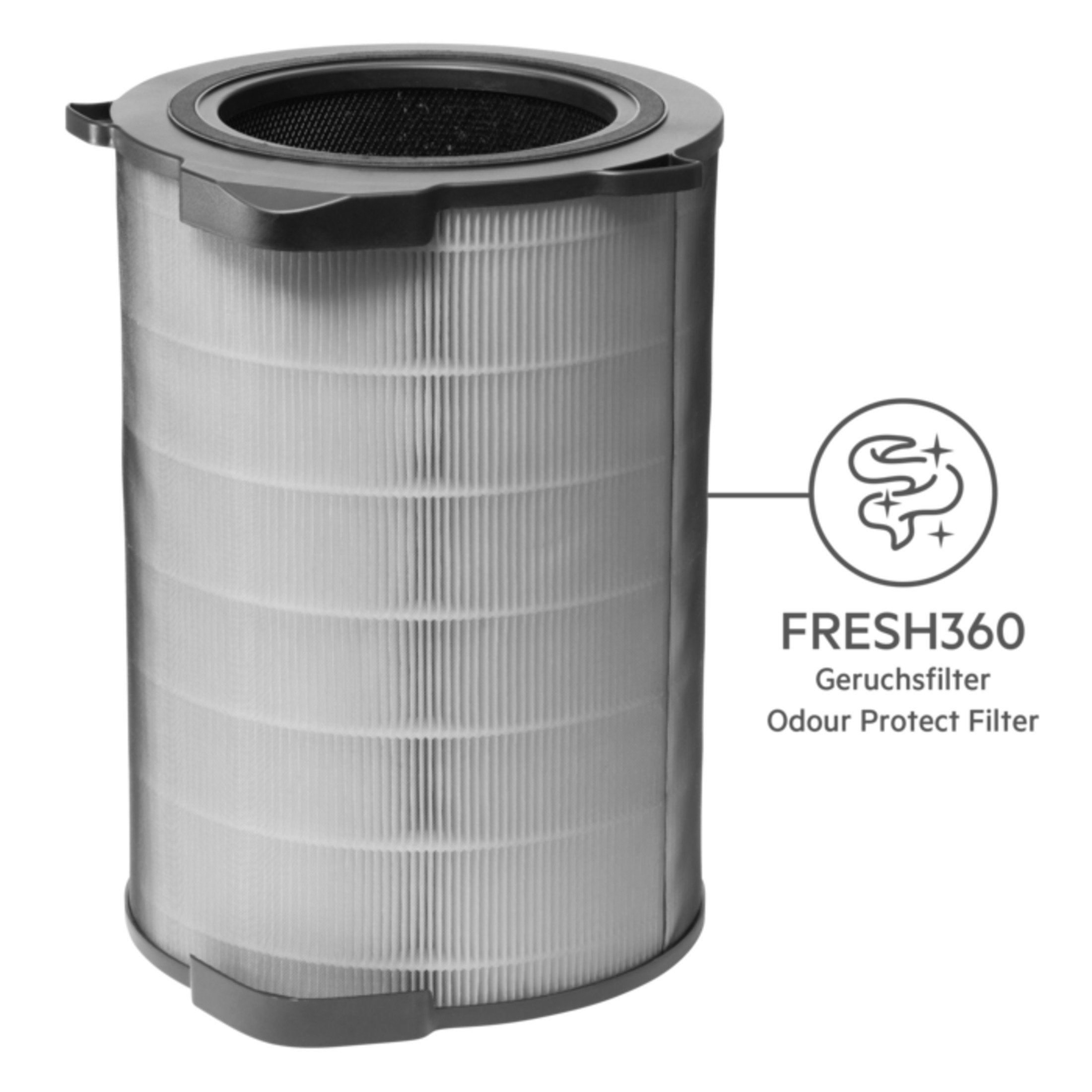 Zylindrischer Luftfilter mit schwarzem Ober- und Unterteil. Ein Etikett zeigt, dass es sich um einen 'FRESH360' Geruchsfilter handelt.